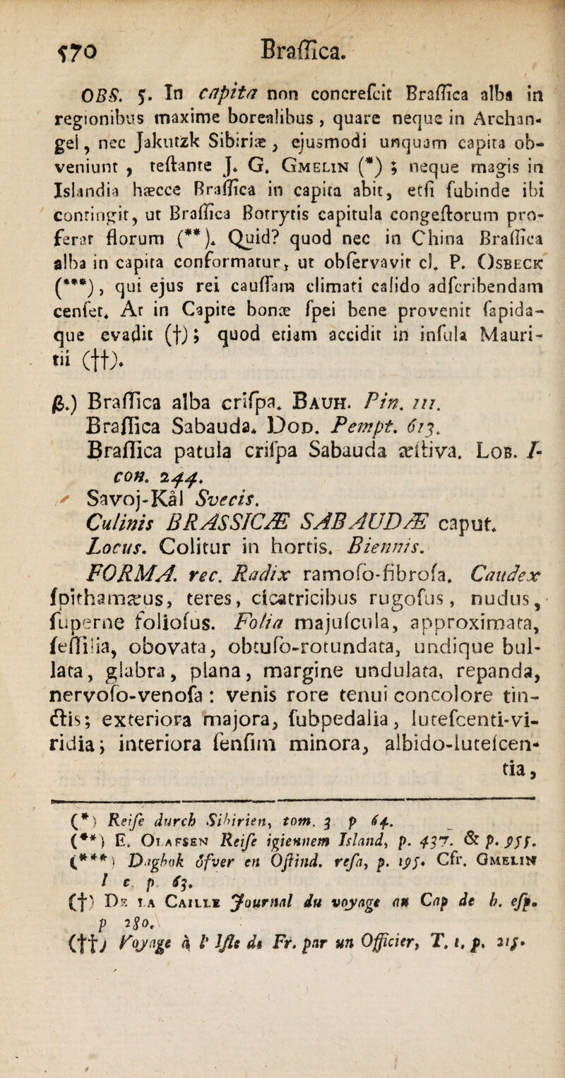 OBS. f. In capita non concrefcit Braffica alba in regionibus maxime borealibus , quare neque in Archan- gei, nec Jakntzk Sibirisr-, ejusmodi unquam capita ob¬ veniunt ? teftante J* G» Gmelin (*) ; neque magis in Islandia haecce Braffica in capita abit, etfi fubinde ibi contingit, ut Braffica Botrytis capitula congeftorum pro¬ ferar florum _(**)* Qpid? quod nec in China Braffica alba in capita conformatur, ut obfervavir cJ, P. Osbeck (***), qui ejus rei caudam climati calido adfcribendam cenfet Ar in Capite bonae fpei bene provenit fapida- que evadit (f); quod etiam accidit in infula Mauri- tn (ft)* £.) Braffica alba crlfpa, Bauh. Pin. ni. Braffica Sabauda* Dod. Pempt. 6?$. Braffica patula crifpa Sabauda sritiva. Lob. /« C OH, 144* ' Savoj-Kai Svecis. Culinis BRASSICAE SABAUDM caput Locus. Colitur in hortis. Biennis. FORMA\ rec. Radix ramofb-fibrofa. Caudex fpkhamarus, teres, cicatricibus rugofus, nudus, fuperne foliofus. Folia majufcula, approximata, feflilia, obovata, obtufo-rotundata, undique bul¬ lata, glabra, plana, margine undulata, repanda, nervofo-venofa : venis rore tenui concolore tin- £ti$; exteriora majora, fubpedalia, lutefcenti-vi¬ ridia > interiora fenfim minora, albido-iuteicen* tia, (*} Reife durch Sihirien, tom. 3 p 64.. (**) E. Oi.afsen Reife igienttem Jsland, p. 437. & p» C***) Dtgbok ofver en Qjtind, refa, p. ij/j* Cfr. Omeiih / £ p ff) Ds T.A Cailli yournnl du voynge an Cap de h. efp, p *8o,\ (ff; Fojage 4 l' Ifh d$ Fr. par un Officier, T, 1, p, 2//.