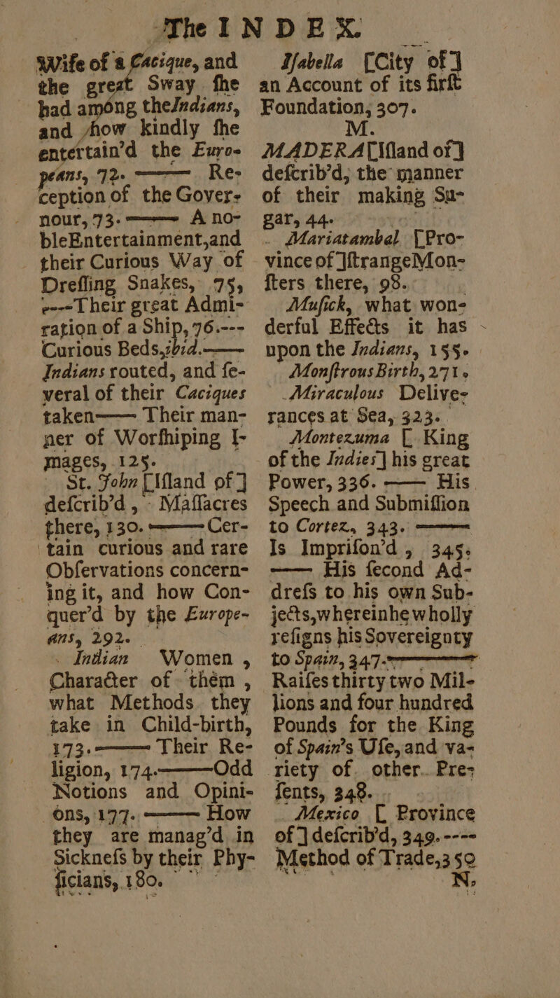 veral of their Caciques taken—— Their man- ner of Worfhiping [- mages, 125: St. Fohn [Ifland of] defcrib’d , Maffacres there, 130. —— Cer- tain curious and rare Obfervations concern- ing it, and how Con- quer’d by the Exrope- ANS, 292. … Indian Women , Character of thém , what Methods. they take in Child-birth, 173.—— Their Re- ligion, 174.———Odd Notions and Opini- Ons, 177. — How they are manag’d in Sicknefs by their Phy- ficians, 180. Dfabella [City of an Account of its RÉ Foundation, 307. M. MADERA[lfland of } defcrib’d, the manner of their making Su- Bars 44 toi . Mariatambel [Pro- vince of ]ftrangeMon- {ters there, 98. | Mufick, what won- upon the Indians, 155 Monftrous Birth, 271 Miraculous Delive- rances at Sea, 323. Montezuma [, King of the Indies] his great Speech and Submiflion to Cortez, 343. —— Is Imprifon'd, 345. —— His fecond Ad- drefs to his own Sub- jects,whereinhe wholly refigns his Sovereignty Raifes thirty two Mil- lions and four hundred Pounds for the King of Spain’s Ule, and va- riety of. other. Pre- fents, 348. Mexico LC Province of] defcrib’d, 349. ---- Method of Trade,3 50 9 /