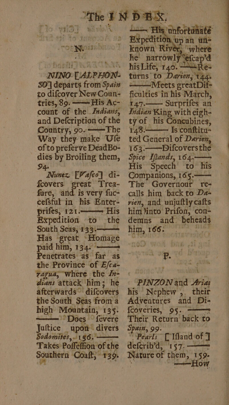 to difcover NewCoun- tries, 89: —— His Ac- count of the . Indians, and Defcription of the Country, 90.——The Way they make Ufe of to preferve Dead Bo- dies by Broiling them, 94. Nunez [Vafeo] di- fcovers great Trea- fure, arid is very fuc- cefsfut in his Enter- prifes, 121.———» His Expedition to the South Seas; 133.——— Has great, ‘Homage paid him, 134. ——- Penetrates as far as the Province of E/ca- yagua, Where the Jn- dians attack ‘him; he afterwards” difcovers the South Seas from a high Mountain, 135. = Does fevere Juftice upon: divers Sodomites, 146. Takes: Poffeffion. ‘of the Southern Coaft, 139. his Life, 140. 2 turns to Darien, tes ——Meets greatDif- ficulties in his March, 147. Surprifes an: Indian King with cigh- ty of his Concubines, 148.- Is conftitu- ted General of Darien 163.——Difcovers the Spice INands, 164.—— His Speech to’ his Companions, 165.——= The Governour re- calls him back to Da- rien, and unjuftly cafts him ‘into Prifon, con- demns and. beheads ume sae homer LE 7 | P. PINZON Hi Arias his ‘Nephew ,. their Adventures and Di- {coveries, 95. ——= Their ere back to Spain, 9 Peale “[lfland of 7 defcrib’d, 157. —— Nature of them, 159- “How