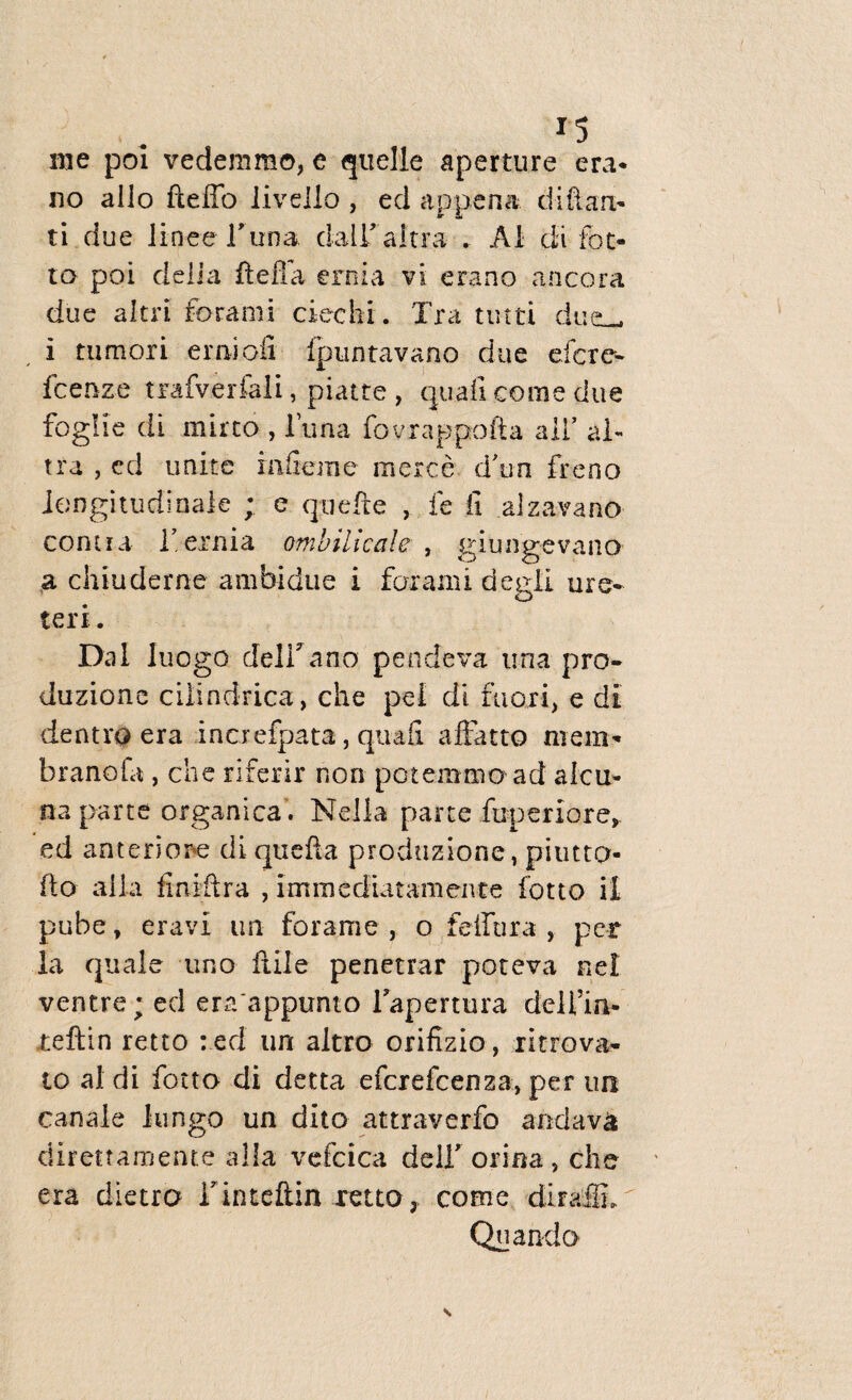 rae poi vedemmo, e quelle aperture era* no ailo fteffo Jiveilo , ed appena di flan¬ ti due linee Tuna dairaltra . Ai di fot- to poi delia fi e fla ernia vi erano ancora due altri fora mi ciecbi. Tra tuiti dueu, i tumori erniofi fpuntavano due efcre- fceaze mfverfali, piatte , quali come due foglie di mirto, luna fovrappofta ali’ ai- tra , cd unite inferne merce d'un freno longitudinale ; e quefte , fe ii .alzavano- contra Y.ernia ombihcale , giungevano a chiuderne amb-idue i farami degii ure¬ teri. Da i Iuogo deirano pendeva una pro- duzione cilindrica, che pel di fuoxi, e di dentro era increfpata, quali affatto mem* branofa , che riferir non pctemmo ad alcu* na parte organica. Nella parte fuperiore, ed anteriore diquefia produzione, piutta- fio alia finiftra , immediatam ente fotto il pube, eravi un forarne , o feifura , per Ia quale uno flile penetrar poteva nei ventre; ed era appunto lapertura delfin- teftin retto : ed uri altro orifizio, ritrova- to al di fotto di detta efcrefcenza, per un canale iungo un dito attraverfo andava direttamente alia vefcica de 11'’ orina , che era dietro Tintefiin retto, come diraffi. Quando