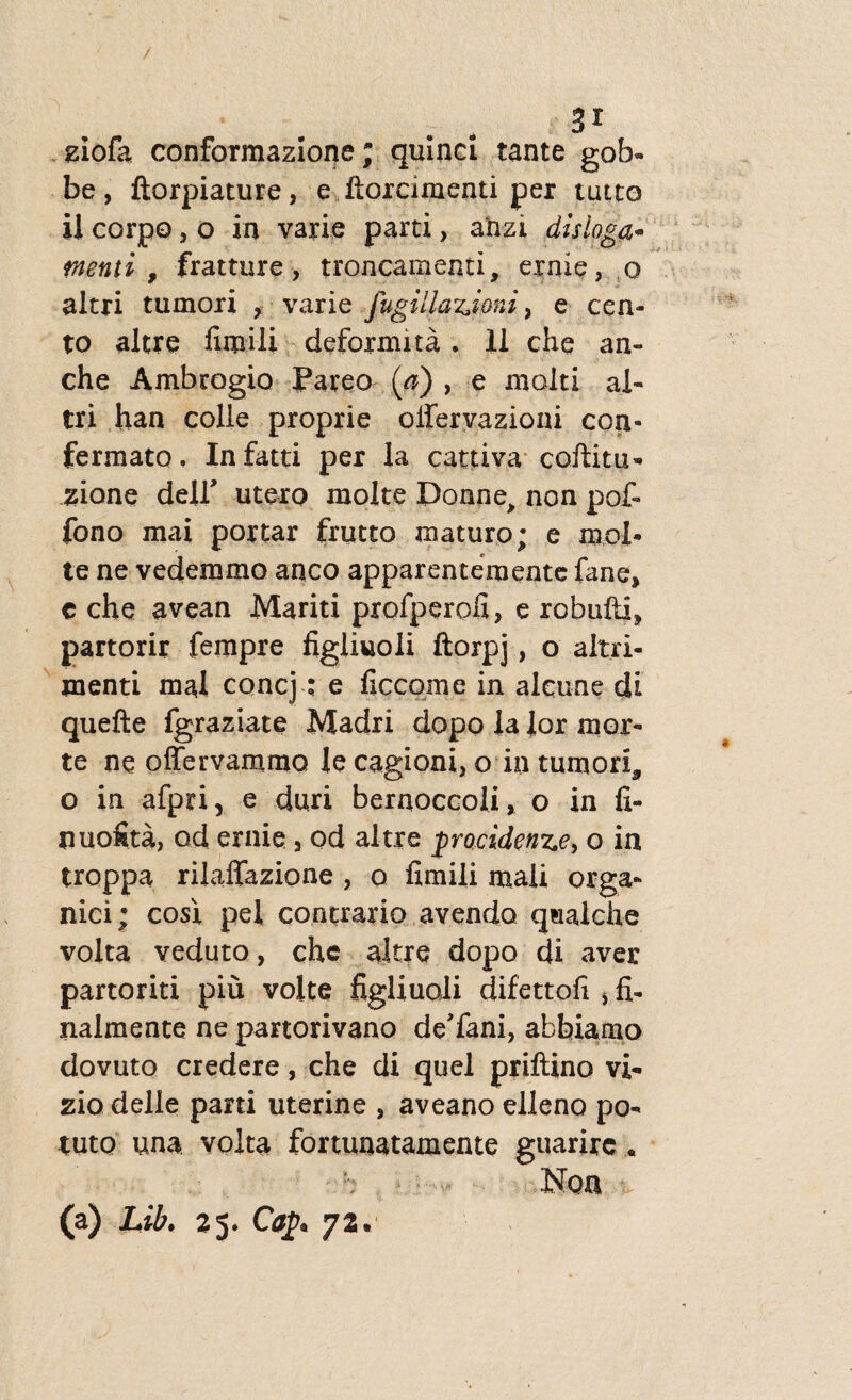 giofa conformazione; quinci tante gob- be, ftorpiature, e ftorciraenti per tuito ii corpo, o in varie parti, ah-zi disloga» menti, fratture, troncamenti, exnie, o altri tumori ? varie fugillazioni, e cen¬ to altre fimili deformita. 11 che an» che Ambrogio Pareo (a) , e molti al¬ tri han colle proprie olferyazioni con- fermato, In fatti per la cattiva collitu» zione deir utero xnolte Donne> non pof- fono mai portar frutto maturo; e mol¬ le ne vedemmo anco apparentemente fane* c che avean Mariti profperofi, e robufti, partorir fempre figliuoli ftorpj, o altri- menti mai concj; e ficcome in alcune di quefte fgraziate Madri dopo la ior mor¬ te ne offervammo le cagioni, o in tumori* o in afpri, e duri bernoccoli* o in ii- nuofita, ad ernie 9 od altre procidenze, o in troppa rijaffazione , o fimili mali orga¬ nici; cosr pel contrario avendo q^ialche volta veduto, che altre dopo di aver partoriti piu. volte figliuoli difettoli > fi- nalmente ne partorivano deTani, abbiamo dovuto credere, che di quel priftino vi- zio delle parti uterine , aveano elleno po- tuto una volta fortunatamente guarirc . Non v (a) Lik 2 5» 2 •