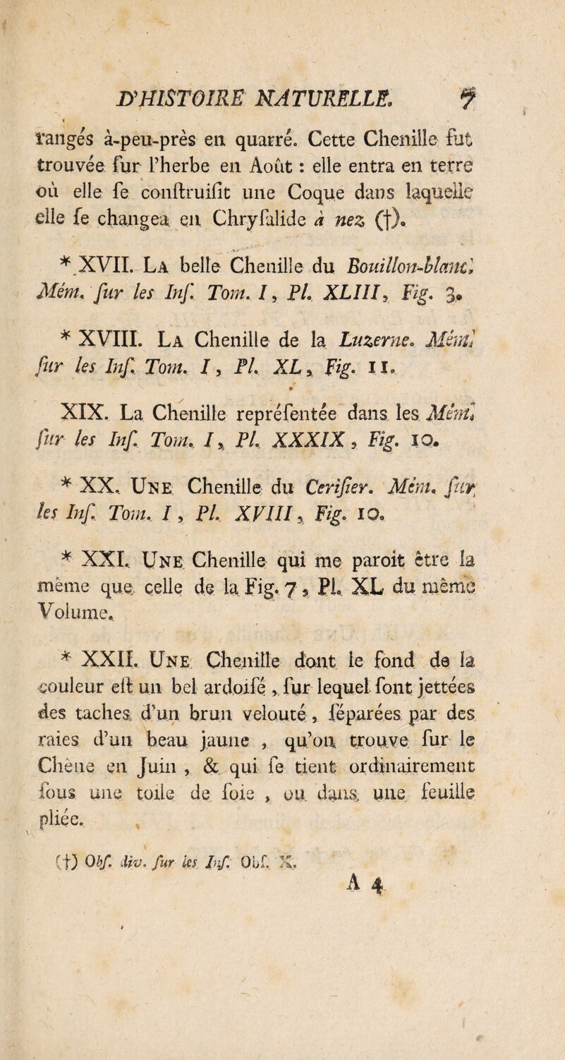 « ranges à-peu-près en quarré. Cette Chenille fut trouvée fur l’herbe en Août : elle entra en terre où elle fe conftruifit une Coque dans laquelle elle fe changea eu Chryfalide à nez (f). *,XVII. La belle Chenille du Bouillon-btaml Mém. fur les Inf Tom. I, PL XLIIV Fig. 3* * XVIII. La Chenille de la Luzerne. Mênf fur les Inf Tom. I, PL XL * Fig* il» * XIX. La Chenille repréfentée dans les Menu fur les Inf Tom. /, PL XXXIX, Fig. IO. * XX.. Une Chenille du Cerifier. Mèm, les Inf Tom, /, P/. XVIII, Fig* IQ> * XXL Une Chenille qui me paroit être la meme que. celle de la Fig. 7 , PL XL du même Volume. * XXIL Une Chenille dont le fond de la couleur eil un bel ardoifé , fur lequel font jettées des taches, d’un brun velouté , féparées par des raies d’un beau jaune , qu’on trouve fur le Chêne en Juin , & qui fe tient ordinairement fous une toile de foie , ou dans, une feuille pliée. (t) 0bf. iliv. fur les If Qbf, K,