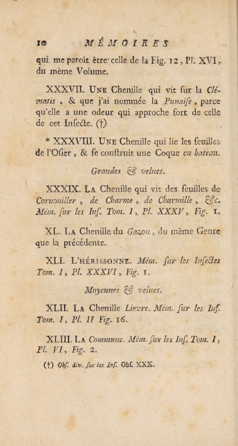 qui me paroit être* celle de la Fig. 12 » PI. XVI 9, du même Volume. XXXVIL Une Chenille qui vit fur îa Clê- mctîis * & que j’ai nommée la Punaife , parce qu’elle a une odeur- qui approche fort de. celle de cet Infede. (f)» ! * XXXVIIL Une Chenille- qui lie les feuilles de POfièr 3 & fe confirait une Coque en bateau« Grandes & velues.. XXXIX.. La. Chenille qui vit des. feuilles, de Cornouiller ». de. Charme , de Charmille », Mém. fur les hf Tom, 1 PL XXXV » Fig. I, % XL.. La Chenille.du Gazon? du même- Genre- que la précédente., - XLL L’hérîs.s.onne., Jfe-A fur iss InjsB.es Tont. U PL XXXVly Fig,!, Moyennes & velues. XLII. La Chenille lievres Mém, fur les înf Ton*, h PL M Fig. 16. XLIII. La Commune, Mém* fur les Inf. Tenu I? PL VU Fig. 2. (t) 0^/1 div. furies ïr.f 0b£ XXX»