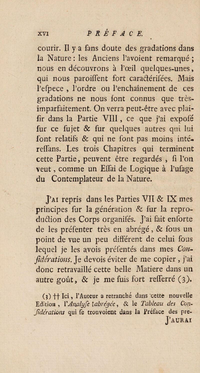 courir. Il y a fans doute des gradations dans la Nature : les Anciens Pavoient remarqué ; nous en découvrons à l’œil quelques-unes, qui nous paroiffent fort caraâérifées. Mais Pefpece , Tordre ou l’enchaînement de ces gradations ne nous font connus que très- imparfaitement On verra peut-être avec plai- fir dans la Partie VIII, ce que j’ai expofé fur ce fujet & fur quelques autres qui lui font relatifs & qui ne font pas moins inté* reffans. Les trois Chapitres qui terminent cette Partie, peuvent être regardés , fi l’on veut, comme un Effai de Logique à l’ufage du Contemplateur de la Nature. J’Ai repris dans les Parties VII & IX mes principes fur la génération & fur la repro¬ duction des Corps organifés. J’ai fait enforte de les préfenter très en abrégé, & fous un point de vue un peu différent de celui fous lequel je les a.vois préfentés dans mes Con¬ sidérations. Je devois éviter de me copier , j’ai donc retravaillé cette belle Matière dans un autre goût, & je me fuis fort refferré (3). (;) ff Ici, l’Auteur a retranché dans 'cette nouvelle Edition, VAnalyfe {abrégée, & le Tableau des Con- Jidêrations qui fe trouvoient dans la Préface des pre- J’AURAI