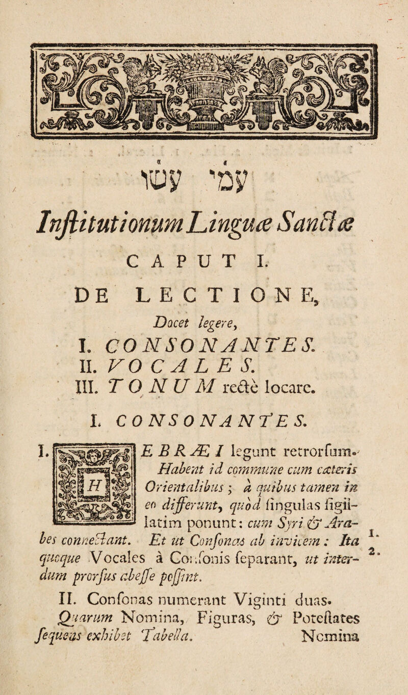 DE LECTIONE, Docet legere, I. CO NSONANTES. II. VO C A LE S. III. T O K U M rede locare. L CONSONANCES. II. Confo nas numerant Viginti duas* Quorum Nomina, Figuras, & Poteflates fequsus exhibit Cab ell a. Ncmina