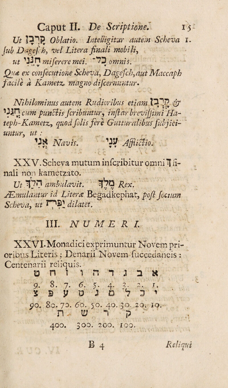 ut קן־בן. Oblatio. InteUigitur autem Scheva 1. tub Dagefch, vel Liter a finali mabili, ut miferere mei. ’3ל omnis. Qua ex confecutione Scheva, Dagefich, aut Mac cap h facile a Kametz, magno-difcernuntur• Nihilominus autem Rudioribus etiam & חגג י c um punElis ficribuntur, inftarbrevifjpni Ha- teph-Kametz,, quod fills fere Gutturalibus fiubjici- unturj ut: א3י Navis. Aflicbio. XXV. Scheva mutum infqribitur 0 mni 111ל- nali non kametzato. Ifr יילד ambulavit. מלןל Rex. JEmulantur id Litera Begadkephat, pcft fiocrnm Scheva* ut dilatet. III. N U M E R L XXVLMonadiciexprimuntur Novem pri- oribus Literis; Denarii Novem fuccedaneis : Centenarii reliquis. א ב ג ד ה ו ז ח ט 9• 8• 7• d. 5* 4* ?.* ^ *2■ ׳ יכלמנסעונצ 00. 80. .10 .20 .40.30 .50 .60 .סך ז ^ ק 'ר ׳ש ־-ת qoo. 3°°• 20°• *00. Reliqui B 4