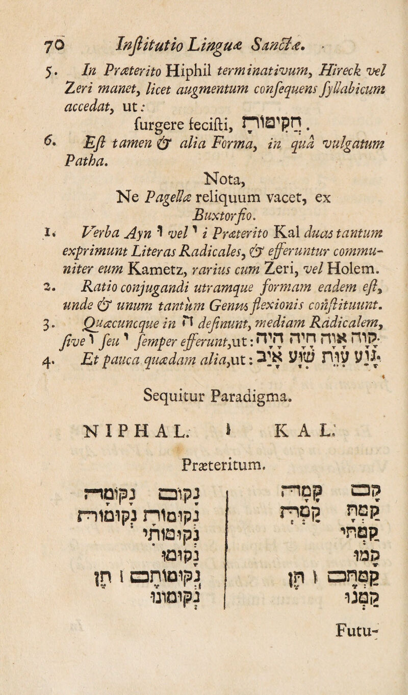 5. In Praterito Hiphil terminativum> Hireck vel Zeri manety licet augmentum confequens fyllabicum accedaty ut; furgere fecifti, חיקים1רז . 6• Eft tamen & alia Formay in qua vulgatum Patha. Nota, Ne PageJIa reliquum vacet, ex Buxtorfio. 1. Verba Ayn 1־ vel י i Praterito Kal duos tantmn exprimunt Liter as RadicaleSy & efferuntur commu- niter eum Kametz, rarius cum Zeri, *vel Holem. 2. Ratio conjugandi utramque formam eadem eft% unde & unum tantkm Genmftexionis conftituunt. 3• Quacuncque in לי definunty medium Radicalemy five ו feuי femper efferuntyut:לזוח אוח חיה ד»ןלי• 4• Et pane a qua dam aliUyUt:איב yjtf) FV)y y 4 Sequitur Paradigma. K A L. NIPHAL. » Prxteritum. ?!3 a!מדה קטת קסרל־ן ״ W » * <ןפתי ממו גןטחכם \ חן קמנו Futu- נקו־בש נקומד־ז נקוסוח נקומוות נקוטותי ־ נקו® י נקומותכש 1 חן נקומונו•