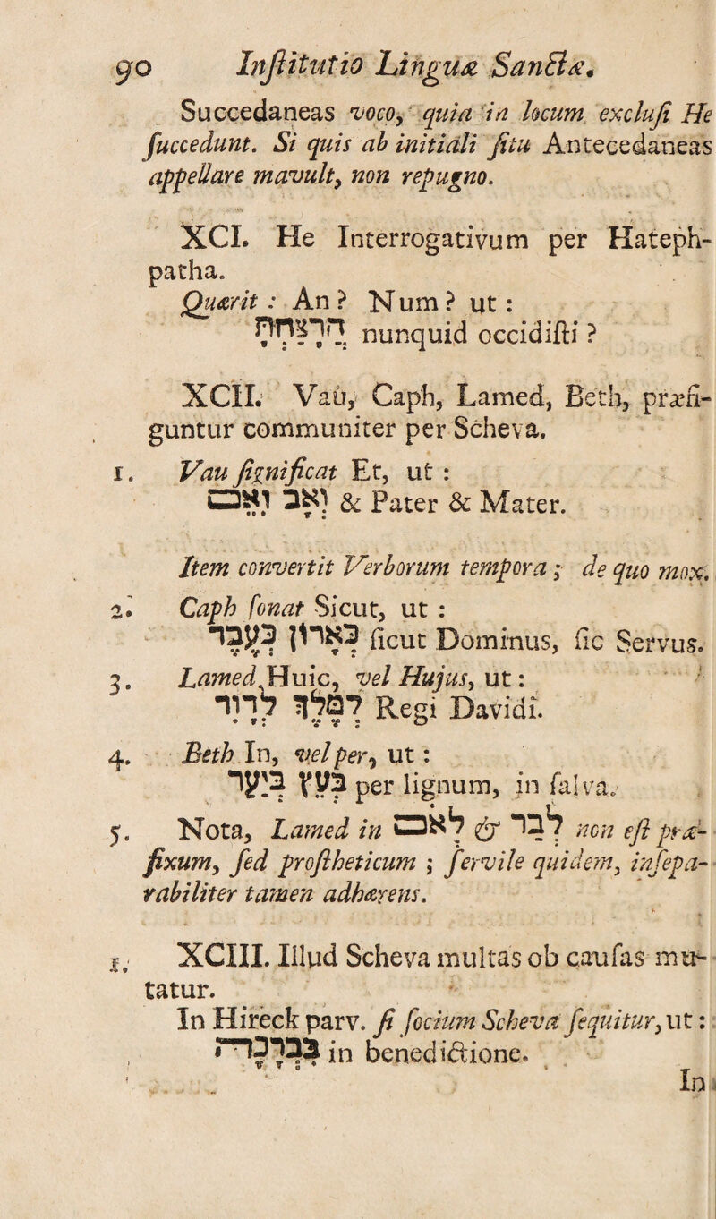 Succedaneas vocoy quia in locum excluji He fuccedunt. Si quis ab initiali jitu Antecedaneas appellare mavult, non repugno. XCL He Interrogativum per Hateph- patha. Quarit : An ? N um ? ut : חל?לל nunquid occidifti ? XCIL Vau, Caph, Lamed, Beth, pram- guntur communiter per Scheva. 1. Vau fiznificat Et, ut : ^ואב ואב & Pater & Mater. Item convert it Verbovum tempera; de quo mox. Caph fonat Sicut, ut : 3איח {!cut Dominus, lie Servus. Lamed ^Huic, vel Hujus, ut: דפלןז לי־ור Reg! Davidi. 2• 3 • 4. Beth In, velper, ut: בעץ במ^ר per lignum, in faiva» 5. Nota, Lamed in לבר & לאמ non efl pyre- fixum, fed proftheticum ; fertile quid cm 3 infepa- rahiliter tamen adh&rens. XCIII. Iilud Scheva multas ob caufas mu*- tatur. In Hireck parv. fi factum Scheva fequitur3 ut: ^3ברבר in benedidione.