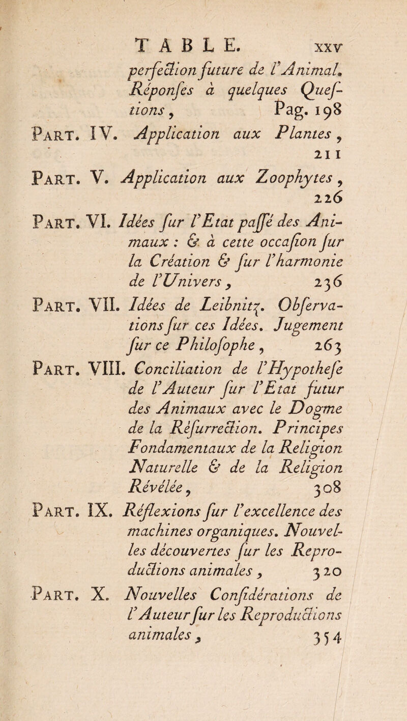 perfection future de l Animal» Réponjes à quelques Ques¬ tions , Pag. 198 Part. IV. Application aux Plantes 9 211 Part. V. Application aux Zoophytes 9 116 Part. VI. Idées fur VEtat pajfé des Ani¬ maux : & à cette occajîon fur la Création & fur Vharmonie de ! Univers , 23 6 Part. VU. Idées de LeibnitObferva- tions fur ces Idées. Jugement fur ce Philosophe 9 263 Part. VIII. Conciliation de VHypothefe de !Auteur fur VEtat futur des Animaux avec le Dogme de la Rèfurreclion. Principes Fondamentaux de la Religion Naturelle & de la Religion Révélée j 308 P art. IX. Réflexions fur Vexcellence des machines organiques. Nouvel¬ les découvertes fur les Repro¬ ductions animales 9 320 Part. X. Nouvelles Confidérations de ! Auteurfur les Reproductions animales ^ 354