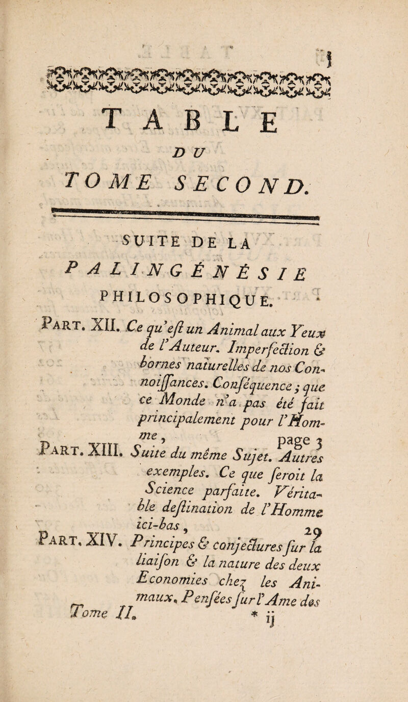 T A B L E D U TOME SECOND. SUITE DE LA P ALI NGÉNÉSIE PHILOSOPHIQUE. I art. XII.. Ce qu eji un Animal aux Yeux de l Auteur. Imperfection & bornes naturelles de nos Con- noijfances. Conféquence ; que. ce Monde n a pas été fait principalement pour l’Hom- Part. XIII. Suite du même Sujet. Autres exemptes. Ce que feroit la Science parfaite. Vérita¬ ble deflination de l’Homme ici-bas, 2(} Part, XIV. Princjpes & conjecturesfur la liaifon & la nature des deux Economies cheç les Ani- maux. Penféesfur l’Ame des I ome II. * jj