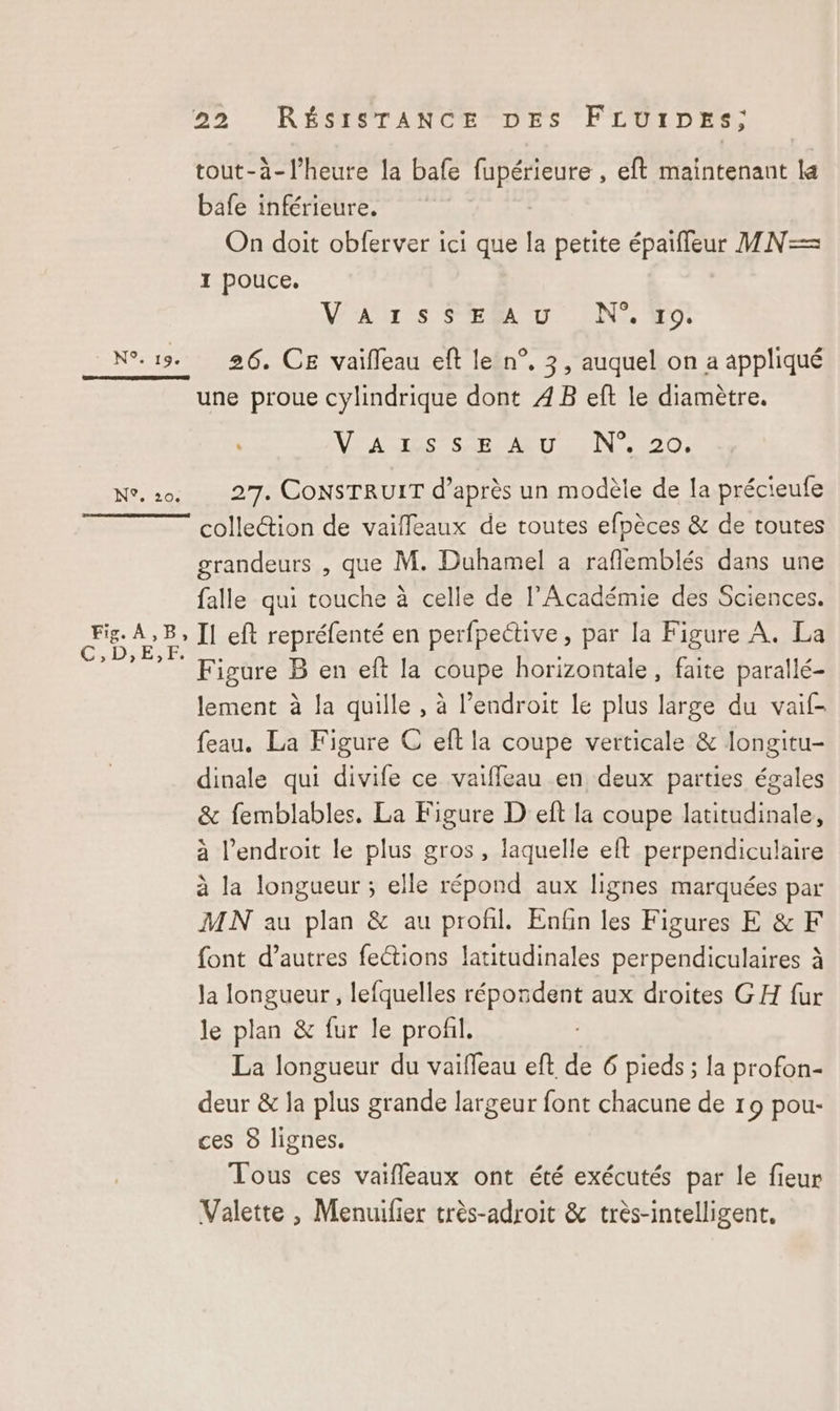 Fi C, &amp; D tout-a-l’heure la bafe FAT: eft maintenant la bafe inférieure. On doit obferver ici que la petite épaifleur MN— 1 pouce, Vars SEL D ENS Ho 26. CE vaifleau eft le n°. 3, auquel on a appliqué une proue cylindrique dont AB eft le diamètre. NPA TRS SARL EUe SN 220: 27. CONSTRUIT d’après un modèle de la précieufe collection de vaiffleaux de toutes efpèces &amp; de toutes grandeurs , que M. Duhamel a raflemblés dans une falle qui touche à celle de l’Académie des Sciences. Il eft repréfenté en perfpeétive, par la Figure A. La Figure B en eft la coupe horizontale, faite parallé- lement à la quille , à l'endroit Le plus large du vaif- feau. La Figure C eft la coupe verticale &amp; longitu- dinale qui divife ce vaiffeau en deux parties égales &amp; femblables, La Figure D eft la coupe latitudinale, à l’endroit le plus gros , laquelle eft perpendiculaire à la longueur ; elle répond aux lignes marquées par MN au plan &amp; au profil. Enfin les Figures E &amp; F font d’autres fections latitudinales perpendiculaires à la longueur, lefquelles répordent aux droites GH fur le plan &amp; fur le profil. La longueur du vaifleau eft de 6 pieds ; la profon- deur &amp; la plus grande largeur font chacune de 19 pou- ces 8 lignes. Tous ces vaifleaux ont été exécutés par le fieur Valette, Menuilier très-adroit &amp; très-intelligent.