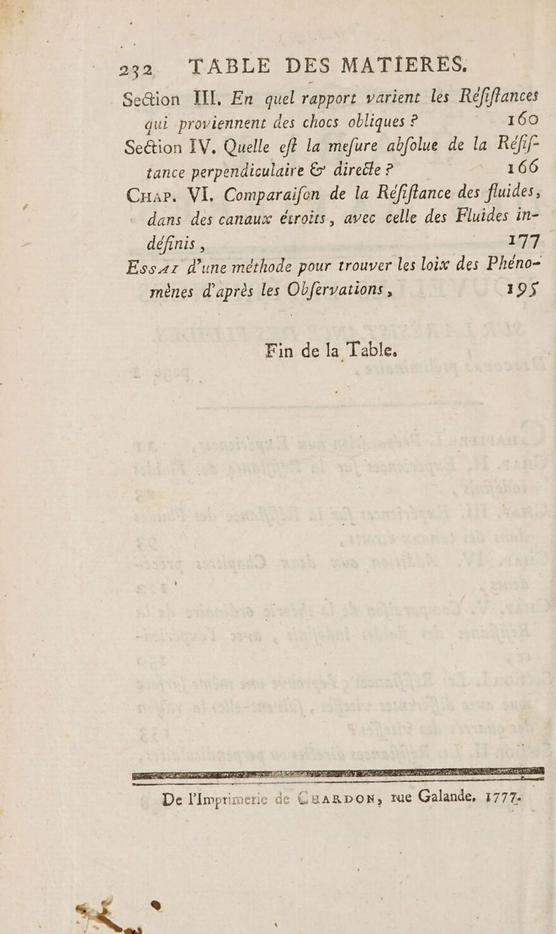 232 TABLE DES MATIERES. Se&amp;ion III, En quel rapport varient les Réfiffances qui proviennent des chocs obliques ? 160 Seétion IV, Quelle ef? La mefure abfolue de la Réfif- tance perpendiculaire &amp; direle ? 160 Cuar. VI. Comparaifon de la Réfiflance des fluides, . dans des canaux étroits, avec celle des Fluides in- définis , 177 Essar d’une méthode pour trouver les loix des Phéno- mènes d'après les Obfervations, 195 Fin de la Table, mr Re De l’Imprimerie de Caarpon, tue Galande, 1777. SR ® ul dif à