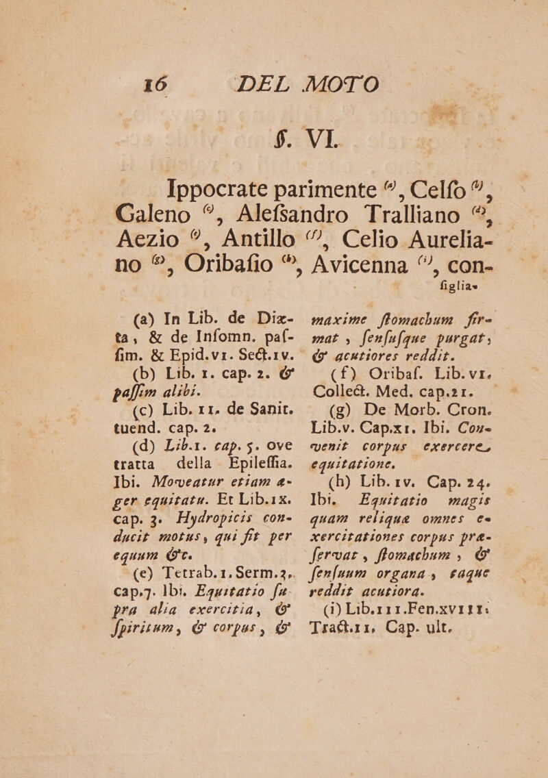 (a) In Lib. de Dix- ta, & de Infomn. paf- (b) Lib. 1. cap. 2. & paffim alibi. (c) Lib. 11. de Sanict. tuend. cap. 2. (d) L:b.1. cap.5. ove tratta della. Epilefha. Ibi. Moveatur etiam a- ger equitatu. Et Lib.1x. cap. 3° Hydropicis con- ducit motuss qui fit per equum cap.7. 1bi. Egqustatio fa pra alia exercitia, © Jpiristum, & corpus, © con- figlia» maxime ftomachum fire mat > fenfufgue purgat, W gcutiores reddit. (f) Oribaf. Lib.vr. Collect. Med. cap.zi. (g) De Morb. Cron. Lib.v. Cap.xr. Ibi. Cox venit Corpus exercere, equitatione. (b) Lib. iv. Cap. 24. Ibi. Eguitatio magis quam relique omnes c= xercitationes corpus pre- fenfuum organa, saque reddit acutiora. (i) Lib.r11.Fen.xvirt: Trattix, Cap. ult.