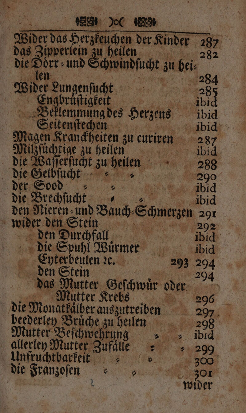 ben oc 8885 Wide dns Herzkeuchen der Kinder 287 ipperlein zu heilen ö die rg und wind au 7 1 Wi, Bingen, 5 Hellen ſtigkeit ibi Be klemmüng des Herzens ibid Sſeitenſtechen ibid Wen Kranckheiten zu curiren 287 Milzſuͤchtige zu heilen bid die Waſſerſucht au 1 9 288 die Gelbſuchkt 200 der Sood x eee bid die Brechſucht „ 2 ibid den Nieren: und Bauch⸗ Schmerzen 298 t Ä wider Stem 92 den Durchfall ae ibid die Spuhl Würmer dich Eyterbeulen ꝛc. 293 294 en Stein 204 * Mutter Geſchwuͤr der en . Mautter Krebs 29066 die Monattäier auszureiben 4. 20% beederley Brüche zu Heilen 298 Mutter Beſchwehrung +». » ibid Unfruchtbarkeit e Se ae