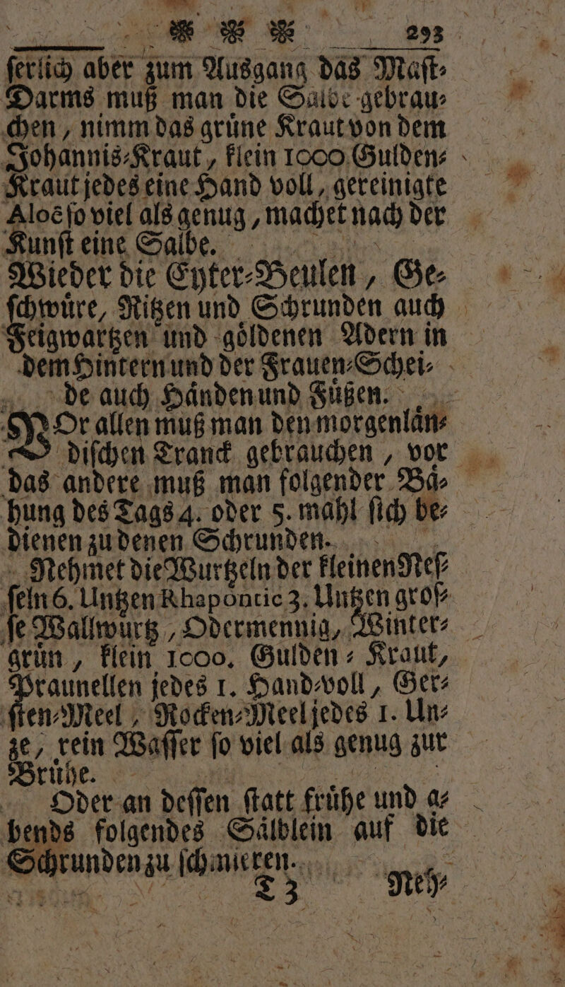 erlich aber zum Ausgang das Maſt⸗ Darms muß man die Salbe gebrau⸗ chen, nimm das gruͤne Kraut von dem Kraut jedes eine Hand voll, gereinigte Aloè ſo viel als genug, machet nach der Kunſt eine Salbe. Wieder die Eyter⸗Beulen, Ge⸗ * Feigwartzen und goͤldenen Adern in de auch Handen und Fuͤßen. dienen zu denen Schrunden. Nehmet die Wurtzeln der kleinen Reſ⸗ ſeln 6. Untzen Khapoͤntic 3, Untzen groß⸗ gruͤn, klein 1000. Gulden: Kraut, raunellen jedes 1. Hand voll, Ger⸗ ſten⸗Meel Rocken⸗Meel jedes 1. Un Bruͤhe.