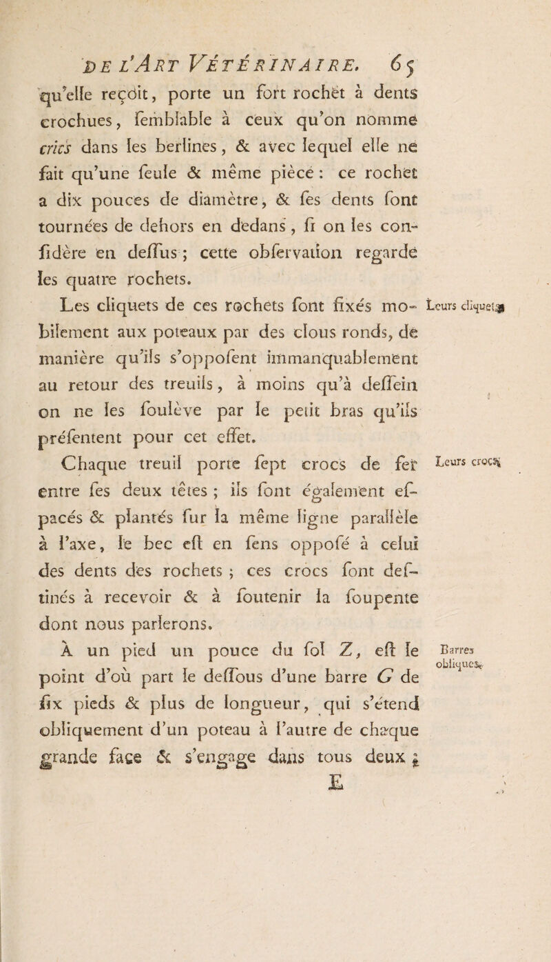 qu’elle reçôit, porte un fort rochét à dents crochues, femblable à ceux qu'on nomme crics dans les berlines, & avec lequel elle ne fait qu’une feule & même pièce : ce rochet a dix pouces de diamètre, & (es dents font tournées de dehors en dedans, fr on les con- fidère en deiTus ; cette obfervation regardé les quatre rochets. Les cliquets de ces rochets font fixés mo» Internent aux poteaux par des clous ronds, de manière qu’ils s’oppofent immanquablement au retour des treuils, à moins qu’à deffein on ne les fouléve par le petit bras qu’ils préfentent pour cet effet. Chaque treuil porte fept crocs de fer entre les deux têtes ; ils font également ef~ pacés & plantés fur la même ligne parallèle à l’axe, le bec eft en fèns oppofé à celui des dents des rochets ; ces crocs font def- tinés à recevoir & à foutenir la foupente dont nous parlerons. À un pied un pouce du fol Z, efl le point d’où part le deffous d’une barre G de fix pieds & plus de longueur, qui s’étend obliquement d’un poteau à l’autre de chaque grande face & s’engage dans tous deux 1 £ Leurs dlsjueî^i Leurs crocs* Barres obliques,*