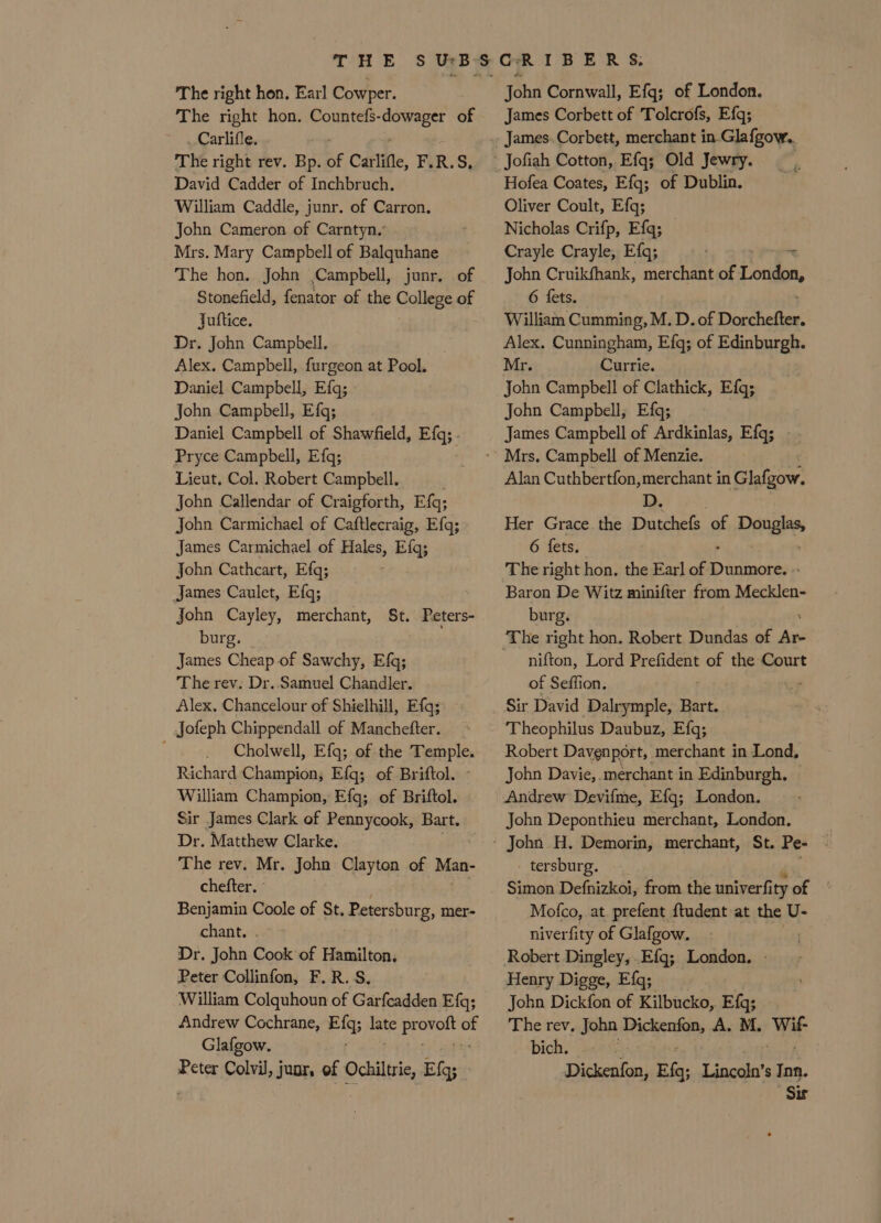 The right hon. Earl Cowper. The right hon. Countefs- Reed of . Carlifle. The right rev. Bp. BF Carlifle, F. R. Ss, David Cadder of Inchbruch. William Caddle, junr. of Carron. John Cameron of Carntyn.: Mrs. Mary Campbell of Balquhane The hon. John Campbell, junr. of Stonefield, fenator of the College of Jultice. Dr. John Campbell. Alex. Campbell, furgeon at Pool. Daniel Campbell, Efq; John Campbell, Efq; Daniel Campbell of Shawfield, Efq; - Pryce Campbell, Efq; Lieut. Col. Robert Campbell. John Callendar of Craigforth, Efq; John Carmichael of Caftlecraig, Efq; James Carmichael of Hales, Efg; John Cathcart, Efq; James Caulet, Efq; John Cayley, merchant, burg. James Cheap of Sawchy, Efq; The rev. Dr. Samuel Chandler. Alex. Chancelour of Shielhill, Efg; Jofeph Chippendall of Manchefter. Cholwell, Efq; of the Temple. Richard Champion, Efq; of Briftol. William Champion, Efq; of Briftol. Sir James Clark of Pennycook, Bart. Dr. Matthew Clarke. The rev. Mr. John Clayton of Man- chefter. ° hi Benjamin Coole of St. Petersburg, mer- chant. . Dr. John Cook of Hamilton. Peter Collinfon, F.R.S. William Colquhoun of Garfcadden Efq; Andrew Cochrane, Efqs ite pene ra Glafgow. ' Peter Colvil, juan, of Ochiltrie, Ef; St. Peters- John Cornwall, Efq; of London. James Corbett of Tolcrofs, Efq; Hofea Coates, Efg; of Dublin. Oliver Coult, Efq; Nicholas Crifp, Efq; Crayle Crayle, Efq; ~; John Cruikfhank, merchant of it Oe 6 fets. William Cumming, M. D. of Pep thates Alex, Cunningham, Efq; of Edinburgh. Mr. Currie. John Campbell of Clathick, Efg; John Campbell, Efq; James Campbell of Ardkinlas, Efq; Alan Cuthbertfon,merchant in Glafgow. RD. Her Grace the Dutchefs of Deas 6 fets. The right hon, the Earl of Daas Baron De Witz minifter from Mecklen- burg. ‘The right hon. Robert Dundas of ae nifton, Lord Prefident of the Court of Seffion. Sir David Dalrymple, Bart. Theophilus Daubuz, Efq; Robert Davenport, merchant in Lond, John Davie, merchant in Edinburgh. Andrew Devifme, Efq; London. John Deponthieu merchant, London. tersburg. Simon Defnizkoi, from the univerfity of Mofco, at. prefent ftudent at the U- niverfity of Glafgow. Robert Dingley, .Ef{g; London. - Henry Digge, Efq; John Dickfon of Kilbucko, Efq; The rev, John Rickealas A. M. 4 bich. : Dickenfon, Ela; Lincoln's Inn. Sir