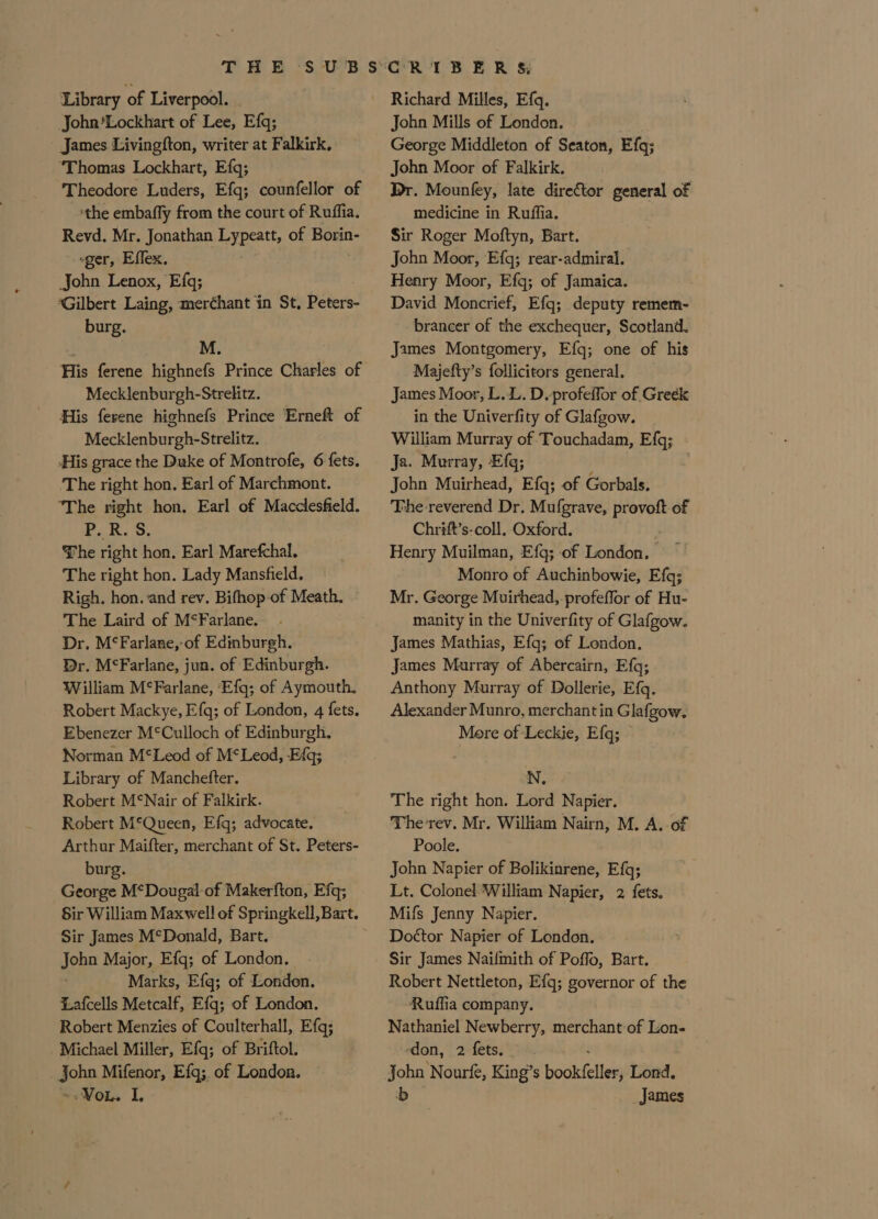 Library of Liverpool. John’Lockhart of Lee, Efq; James Livingfton, writer at Falkirk, ‘Thomas Lockhart, Efq; Theodore Luders, Efq; counfellor of ‘the embafly from the court of Ruffia. Revd. Mr. Jonathan Lypeatt, of Borin- «ger, Effex. John Lenox, Efq; ‘Gilbert Laing, merchant in St, Peters- burg. His ferene highnefs Prince Charles of Mecklenburgh-Strelitz. His ferene highnefs Prince Erneft of Mecklenburgh-Strelitz. His grace the Duke of Montrofe, 6 fets. The right hon. Earl of Marchmont. ‘The right hon. Earl of Macclesfield. Pk. S$. Whe right hon, Earl Marefchal. The right hon. Lady Mansfield. Righ. hon. and rev. Bifhop-of Meath. — The Laird of M*‘Farlane. Dr. M‘Farlane,- of Edinburgh. Dr. M‘Farlane, jun. of Edinburgh. William M‘Farlane, ‘Efq; of Aymouth. Robert Mackye, Efq; of London, 4 fets. Ebenezer M‘Culloch of Edinburgh. Norman M‘Leod of M‘Leod, Eiq; Library of Manchefter. Robert M‘Nair of Falkirk. Robert M‘SQueen, Efq; advocate. Arthur Maifter, merchant of St. Peters- burg. George M‘Dougal of Makerfton, Efq; Sir William Maxwell of Springkell, Bart. Sir James M°Donald, Bart. John Major, Efq; of London. . Marks, Efg; of London. Lafcells Metcalf, Efq; of London. Robert Menzies of Coulterhall, Efq; Michael Miller, Efq; of Briftol. John Mifenor, Efq;. of London. ~&gt; Vou. IL, Richard Milles, Efq. John Mills of London. George Middleton of Seaton, Efq; John Moor of Falkirk. Dr. Mounfey, late director general of medicine in Ruffia. Sir Roger Moftyn, Bart. John Moor, Efq; rear-admiral. Henry Moor, Efq; of Jamaica. David Moncrief, Efq; deputy remem- brancer of the exchequer, Scotland. James Montgomery, Efq; one of his Majefty’s follicitors general. James Moor, L. L. D.profeffor of Greek in the Univerfity of Glafgow. William Murray of Touchadam, Efq; Ja. Murray, Efq; John Muirhead, Efg; of Gorbals. The reverend Dr. Mufgrave, provoft of Chrift’s-coll. Oxford. ; Henry Muilman, E{q; of London, | Monro of Auchinbowie, Efq; Mr. George Muirhead,-profeffor of Hu- manity in the Univerfity of Glafgow. James Mathias, Efqg; of London. James Marray of Abercairn, Efq; Anthony Murray of Dollerie, Efq. Alexander Munro, merchant in Glafgow, Mere of Leckie, Efq; N, The right hon. Lord Napier. The rev. Mr. William Nairn, M. A.-of Poole. John Napier of Bolikinrene, Efg; Lt. Colonel William Napier, 2 fets. Mifs Jenny Napier. Doétor Napier of London. Sir James Nailmith of Poffo, Bart. Robert Nettleton, Efq; governor of the Ruflia company. Nathaniel Newberry, merchant of Lon- ‘don, 2 fets. John Nourfe, King’s bolts Lond. b James