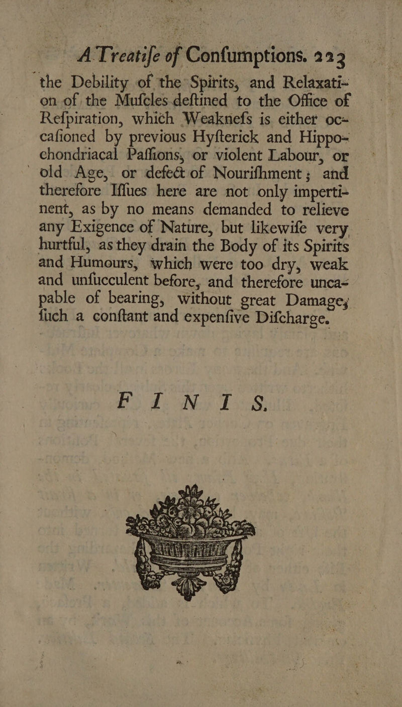 the Debility of the Spirits, and Relaxati- on of the Mufcles.deftined to the Office of Refpiration, which Weaknefs is either oc= cafioned by previous Hyfterick and Hippo= chondriacal Paffions, or violent Labour, or old Age, or defe@ of Nourifhment; and therefore Iffues here are not only imperti- nent, as by no means demanded to relieve any Exigence of Nature, but likewife very _ hurtful, as they drain the Body of its Spirits and Humours, which were too dry, weak and unfucculent before, and therefore unca= pable of bearing, without great Damage; fuch a conftant and expenfive Difcharge. Bo do We Did
