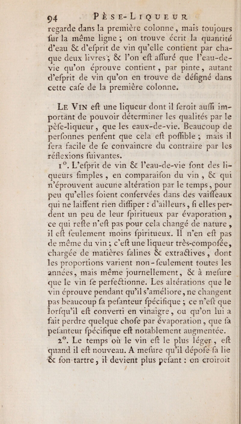 regarde dans la première colonne, mais toujours fur la même ligne ; on trouve écrit la quantité d’eau & d’efprit de vin qu’elle contient par cha¬ que deux livres ; & l’on eft alluré que l’eau-de- vie qu’on éprouve contient, par pinte, autant d’efprit de vin qu’on en trouve de défigné dans cette café de la première colonne. Le Vin eft une liqueur dont il feroit aufli im¬ portant de pouvoir déterminer les qualités par le pèfe-liqueur, que les eaux-de-vie. Beaucoup de perfonnes penfent que cela efl: polfible ; mais il fera facile de fe convaincre du contraire par les réflexions fuivantes. i°. L’efprit de vin & l’eau-de-vie font des li¬ queurs Amples , en comparaifon du vin , & qui n’éprouvent aucune altération par le temps, pour peu qu’elles foient confervées dans des vaiffeaux qui ne laiflent rien difliper : d'ailleurs , A elles per* dent un peu de leur fpiritueux par évaporation , ce qui relie n’eA pas pour cela changé de nature , il ell feulement moins fpiritueux. Il n’en elL pas de même du vin ; c’eil une liqueur très-compofée, chargée de matières lalines & extraélives , dont les proportions varient non-feulement toutes les années, mais même journellement, & à mefure que le vin fe perfectionne. Les altérations que le vin éprouve pendant qu’il s’améliore, ne changent pas beaucoup fa pefanteur fpéciflque ; ce n’efl que lorfqu’il ell converti en vinaigre, eu qu’on lui a fait perdre quelque chofe par évaporation, que fa pefanteur fpéciflque ell notablement augmentée. 2°. Le temps où le vin ell le plus léger , ell quand il ell nouveau. A mefure qu’il dépofe fa lie fon tartre, il devient plus pefant : on croiroit