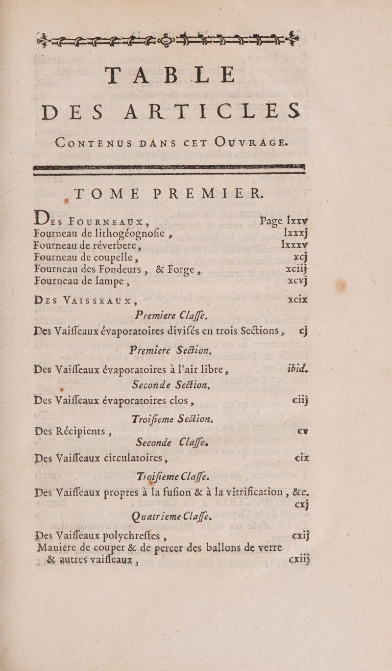 Sen où en en Em ne ÉADLE DES A R'TTCT2E:S CONTENUS DÂNS CET OUVRAGE. 1. FOURNEAUX, Page Ixxv Fourneau de lithogéognofie ; | Ixxxj Fourneau de réverbere, Ixxxv Fourneau de coupelle, xC} Fourneau des Fondeurs, &amp; Forge, xciij Fourneau de lampe, XCV)j Des VAISSEAUX, XxCIxX Premiere Café Des Vaifleaux évaporatoires divifés en trois Sections, cj Premiere Section. Des Vaiffeaux évaporatoires à l'airlibre, ibid. Seconde Seütion, : Des osé évaporatoires clos, ciij Troifieme Seition. | Des Récipients , y Seconde Claffe, Des Vaifleaux circulatoires, 1 € are Clafe. Dés Vaiffeaux propres à la fufion &amp; à la vitrification , &amp;c. cxj Quatrieme Clafe. Des Vaiffleaux polychreftes , exij Manigre de RoRsr &amp; de percer des ballons de vetre . -&amp; autres vaifleaux , cxii}