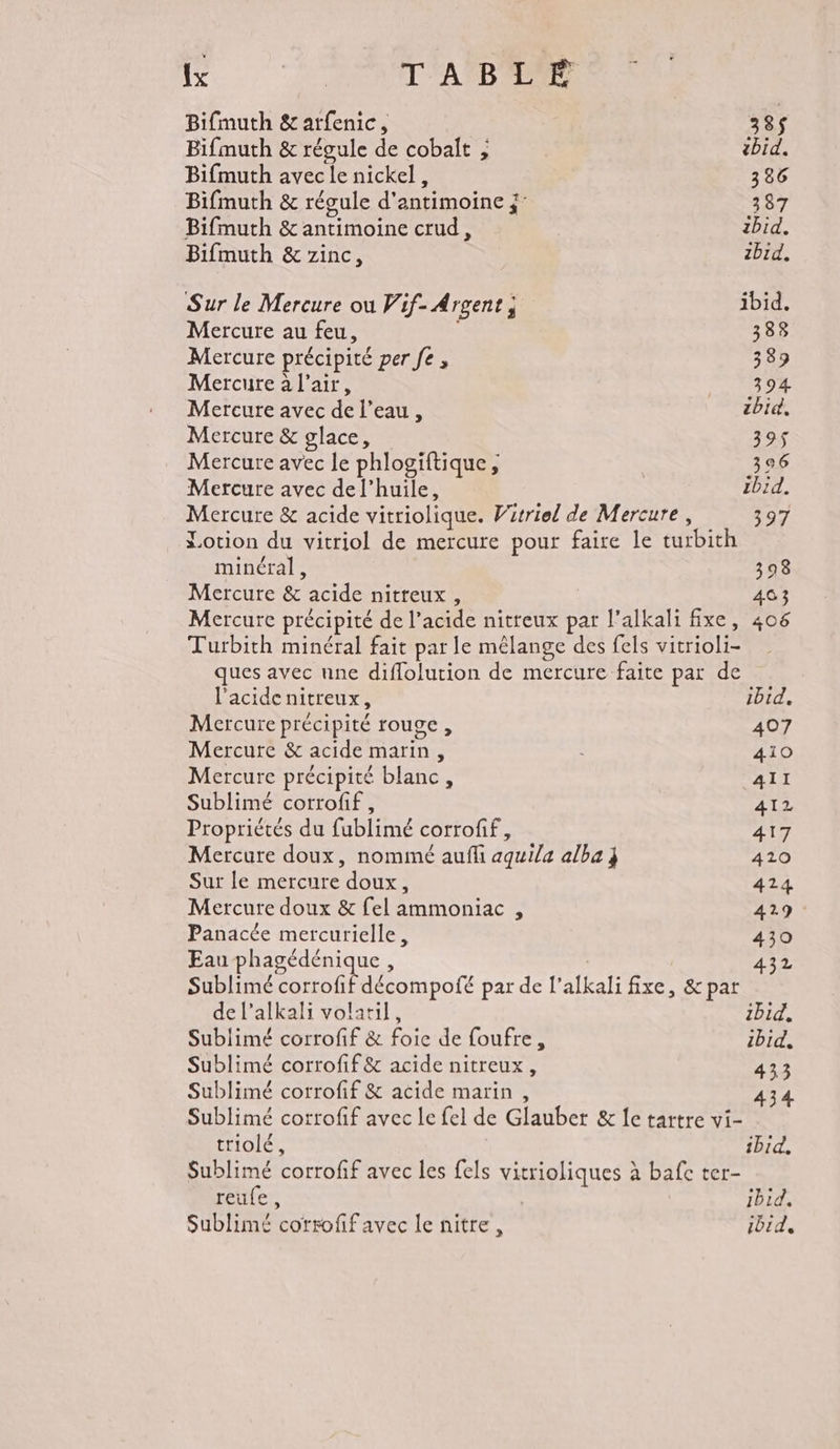 {x | TABLÉ Bifmuth &amp;arfenic, 38$ Bifmuth &amp; régule de cobaît ; ibid. Bifmuth avec le nickel, 326 Bifmuth &amp; régule d'antimoine 3 387 Bifmuth &amp; antimoine crud, 2bid. Bifmuth &amp; zinc, 2bid. Sur le Mercure où Vif- Argent ; ibid. Mercure au feu, 383 Mercure précipité per fe , 389 Mercure à l'air, 394 Mercure avec de l’eau , tbid, Mercure &amp; glace, 395 Mercure avec le phlogiftique, 306 Mercure avec de l’huile, ibid. Mercure &amp; acide vitriolique. Witriel de Mercure, 397 Lotion du vitriol de mercure pour faire le turbith minéral, 398 Mercure &amp; acide nitreux , 463 Mercure précipité de l’acide nitreux pat l'alkali fixe, 406 Turbith minéral fait par le mêlange des fels vitrioli- ques avec nne diflolution de mercure faite par de l’acidenitreux, ibid. Mercure précipité rouge , 407 Mercure &amp; acide marin, 410 Mercure précipité blanc, 4II Sublimé corrofif, 412 Propriétés du fublimé corrofif, 417 Mercure doux, nommé aufli aquila alba} 410 Sur le mercure doux, 414 Mercure doux &amp; fel ammoniac , 429. Panacée mercurielle, 430 Eau phagédénique, 432 Sublimé corrofif décompofé par de l'alkali fixe, &amp; par de l’alkali volatil, zbid, Sublimé corrofif &amp; foie de foufre, ibid, Sublimé corrofif&amp; acide nitreux, 433 Sublimé corrofif &amp; acide marin , 434 Sublimé corrofif avec le fel de Glauber &amp; Îe tartre vi- triolé, 1biQ. Sublimé corrofif avec les fels vitrioliques à bafc ter- reufe , ibid. Sublimé corroff avec le nitre, ibid,
