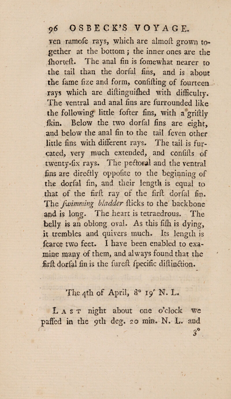 Ten ramofe rays, which are almoft grown to* gether at the bottom ; the inner ones are the Ihortefl. The anal fin is fomewhat nearer to the tail than the dorfal fins, and is about the fame fize and form, confiding of fourteen- rays which are diftinguifhed with difficulty. The ventral and anal fins are furrounded like the following little fofter fins, with a griflly fkin. Below the two dorfal fins are eight, and below the anal fin to the tail feven other little fins with different rays. The tail is fur¬ cated, very much extended, and confifts of twenty-fix rays. The pefforal and the ventral fins are directly oppofite to the beginning of the dorfal fin, and their length is equal to that of the fir 11 ray of the firfi dorfal fin. The fwimmmg bladder flicks to the backbone and is long. The heart is tetraedrous. The belly is an oblong oval. As this fifh is dying, it trembles and quivers much. Its length is fcarce two feet. I have been enabled to exa¬ mine many of them, and always found that the firfi dorfal finis the furefl fpecific diflinction. . ' ( The 4th of April, 19' N. L. Last night about one o’clock we paffed in the 9th deg. 20 min. N. L. and f. 1