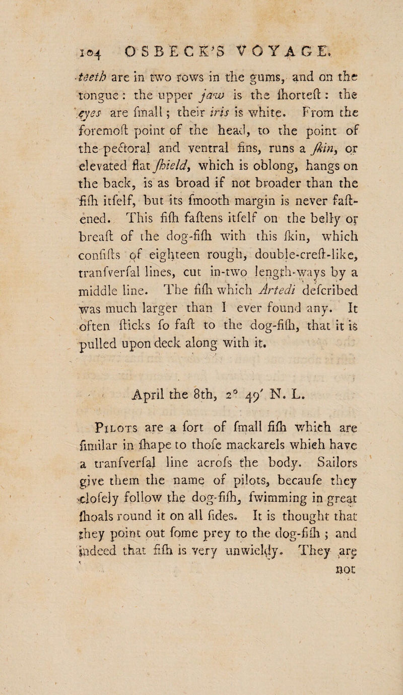 ■ teeth are in two rows in the gums, and on the tongue: the upper jaw is the ihortett : the .eyes are final!; their iris is white. From the foremott point of the head, to the point of the pedtoral and ventral fins, runs a Jkin> or elevated flat Jhieid, which is oblong, hangs on the back, is as broad if not broader than the flfh itfelf, but its fmooth margin is never fatt¬ ened. This fllh fattens itfelf on the belly or bread of the dog-fifh with this fkin, which confitts of eighteen rough, double-creft-like, tranfverfal lines, cut in-two length-ways by a middle line. The fllh which Artedi defcribed was much larger than I ever found any. It often fticks fo fatt to the dog-fhh, that it is pulled upon deck along with it. April the 8th, 20 49' N. L. Pilots are a fort of fmall fifli which are fimilar in fhape to thofe mackarels which have a tranfverfal line acrofs the body. Sailors give them the name of pilots, becaufe they >dofe]y follow the dog-fifh, fwimming in great flioals round it on all fides. It is thought that they point out fome prey to the dog-fiili ; and indeed that fifh is very unwieldy. They are not