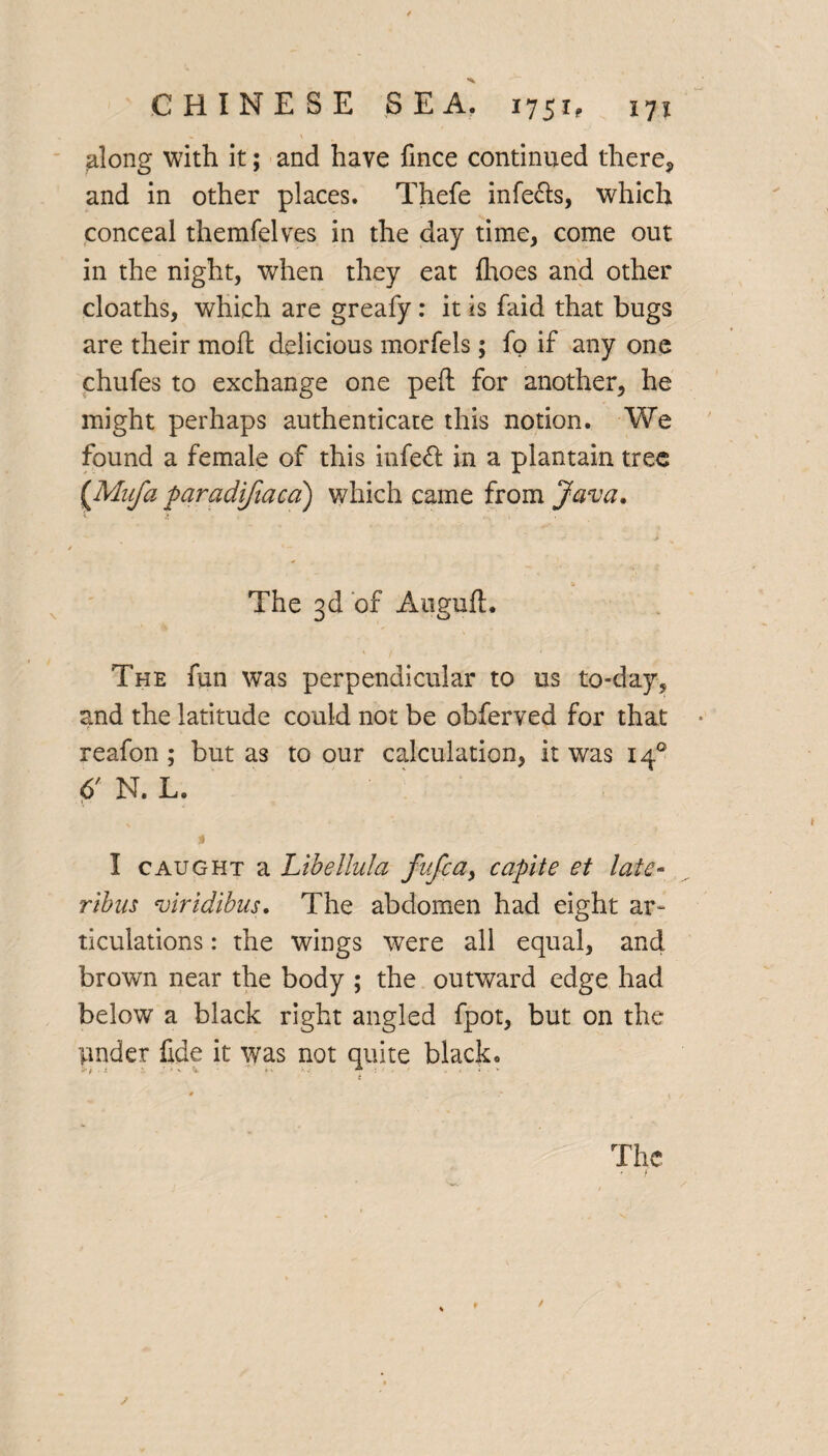 along with it; and have fince continued there* and in other places. Thefe infers, which conceal themfelves in the day time* come out in the night, when they eat flioes and other cloaths, which are greafy: it is faid that bugs are their molt delicious morfels; fo if any one chufes to exchange one peft for another, he might perhaps authenticate this notion. We found a female of this infeft in a plantain tree (•Mufa paradifiacd) which came from Java. The 3d of Augufh The fun was perpendicular to us to-day, and the latitude could not be obferved for that reafon ; but as to our calculation, it was 140 6' N. L. I caught a Libe-Uula fufca, capite et late- ribas viridibus. The abdomen had eight ar~ ticulations: the wings were all equal, and brown near the body ; the outward edge had below a black right angled fpot, but on the pnder fide it was not quite black. -it ’ ' ' n •* >- - * ■: t , v > • fc The / Vi /