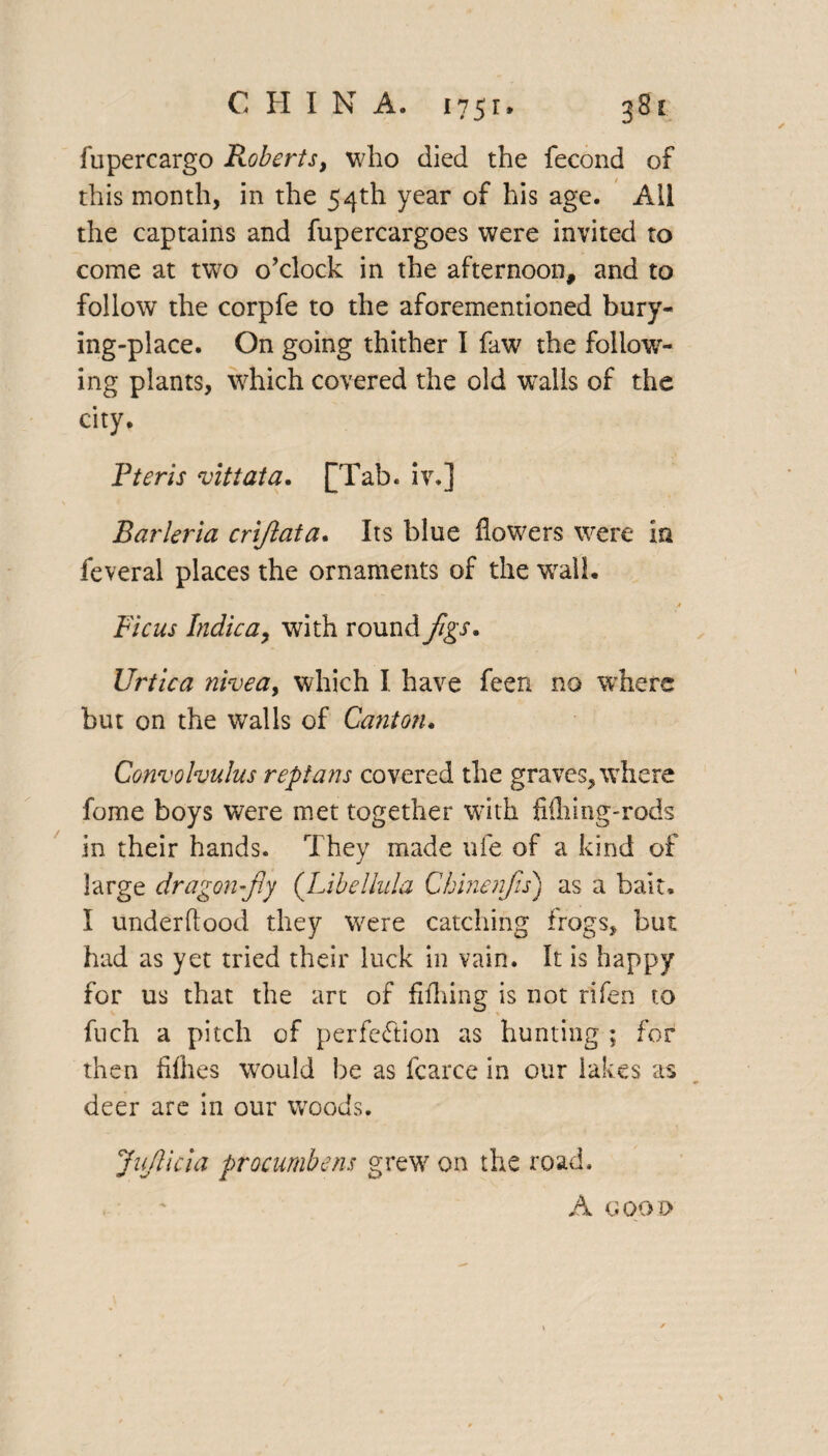 fupercargo Roberts, who died the fecond of this month, in the 54th year of his age. All the captains and fupercargoes were invited to come at two o’clock in the afternoon, and to follow the corpfe to the aforementioned bury- ing-place. On going thither I flaw the follow¬ ing plants, which covered the old walls of the city. F ter is vittata. [Tab. iv.] Barleria criftata. Its blue flowers were in feveral places the ornaments of the wall. A Ficus Indica, with round figs. Urtica nivea, which I have feen no where but on the walls of Canton. Convolvulus reptans covered the graves, where fome boys were met together with fifliing-rods in their hands. They made ufe of a kind of large dragon fy (Libellula Cbinenfis) as a bait. I underftood they were catching frogs, but had as yet tried their luck in vain. It is happy for us that the art of fifhing is not rifen to fuch a pitch of perfection as hunting ; for then fillies would be as fcarce in our lakes as deer are in our woods. JuJlicia procumbens grew on the road. A GOOD
