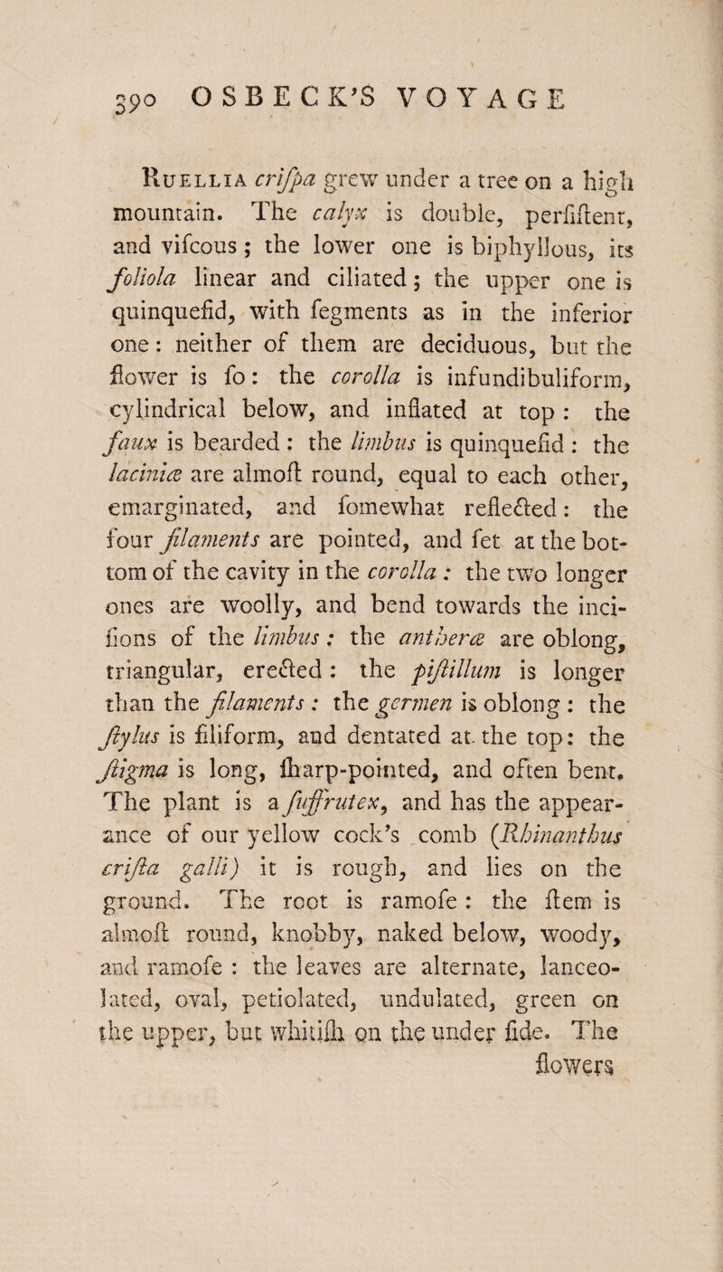 > 39o OSBECK’S VOYAGE Ruellia crifpa grew under a tree on a high mountain. The calyx is double, perfiftent, and vifcous; the lower one is biphyllous, its foliola linear and ciliated; the upper one is quinquefid, with fegments as in the inferior one: neither of them are deciduous, but the flower is fo: the corolla is infundibuliform, cylindrical below, and inflated at top : the faux is bearded : the limbus is quinquefld : the lacinice are almoft round, equal to each other, emarginated, and fomewhat reflected: the four filaments are pointed, and fet at the bot¬ tom of the cavity in the corolla : the two longer ones are woolly, and bend towards the inci- fions of the limbus: the anthers are oblong, triangular, erected: the pifiillum is longer than the filaments : the germen is oblong : the fiylus is filiform, and dentated at the top: the Jligma is long, iharp-pointed, and often bent. The plant is a fiufifruiex, and has the appear¬ ance of our yellow cock’s comb (Rhinanthus crifia galli) it is rough, and lies on the ground. The root is ramofe : the item is almoft round, knobby, naked below, woody, and ramofe : the leaves are alternate, lanceo- lated, oval, petiolated, undulated, green on the upper, but whjiifh on the under fide. The flowers