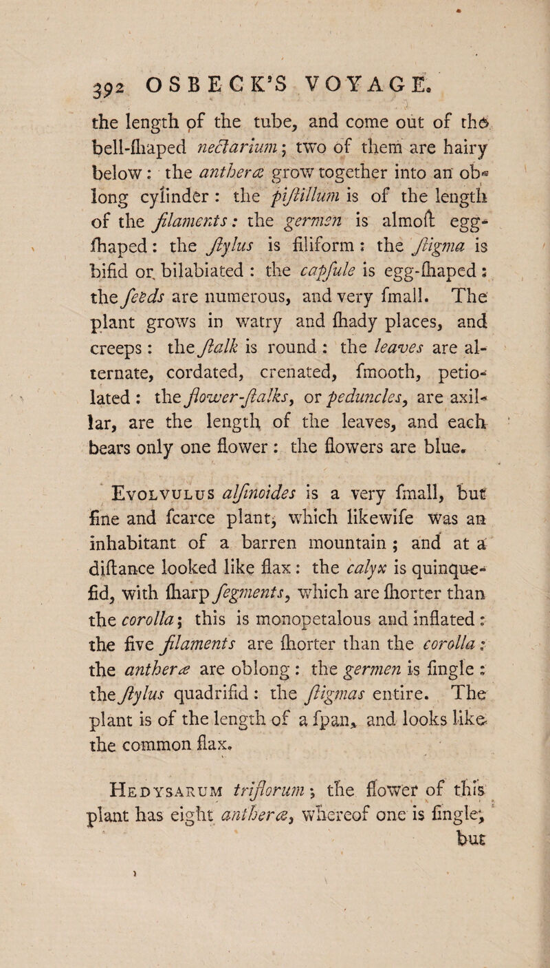 3p2 OSBECK’S VOYAGE. !* ' ' 'X the length pf the tube, and come out of th6 bell-flraped neclarium; two of them are hairy below: the anther<z grow together into an ob* long cylinder : the piftilltim is of the length of the filaments: the germen is almoft egg- fhaped: the fylus is filiform ; the ftigma is bifid or bilabiated : the capfule is egg-ihaped 5 the feeds are numerous, and very fmall. The plant grows in watry and fhady places, and creeps: the ftalk is round : the leaves are al¬ ternate, cordated, crenated, fmooth, petio- lated : the flower-flalks> or peduncles, are axil- lar, are the length of the leaves, and each bears only one flower : the flowers are blue* Evolvulus alflnoides is a very fmall, but fine and fcarce plant, which likewife was an inhabitant of a barren mountain ; and at a diftance looked like flax : the calyx is quinque** fid, with Iharp fegments, which are Ihorter than the corolla; this is monopetalous and inflated : the five filaments are fliorter than the corolla: the anthers are oblong : the germen is fingle ; the flylus quadrifid : the fligmas entire. The plant is of the length of a fpan* and looks iike- the common flax. Hed ysarum tririorum *, the flower of this ' . V V ■ * plant has eight anther tz, whereof one is fingle^ but