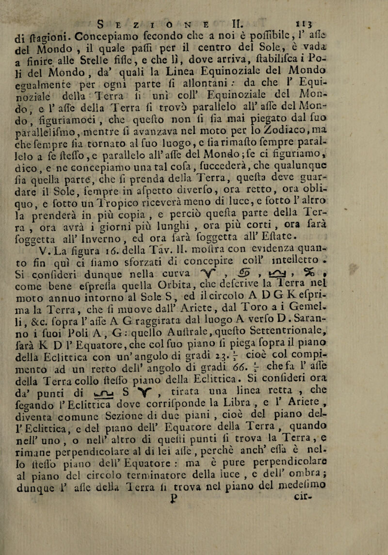 di {lagioni. Concepiamo fecondo che a noi è pofiìbile, V afte dei Mondo , il quale palli per il centro del Sole,, è vada a finire alle Stelle fide, e che lì, dove arriva, ftabilifca i Po¬ li del Mondo , da’ quali la Linea Equinoziale del Mondo egualmente per ogni parte fi allontani : da che T Equi¬ noziale della Terra li unì coll’ Equinoziale del Mon¬ do, e Taffe delia Terra fi trovò parallelo all’aire del Mon¬ do , figuriamoci , che quello non li fia mai piegato dal luo par alleluino, mentre lì avanzava nel moto per lo Zodiaco, ma che Tempre fia tornato al fuo luogo, e liarimafto Tempre paral¬ lelo a Te fieflb ,e parallelo ali5affé delMondo;fe ci figuriamo, dico, e ne concepiamo una tal cofa, fuccederà, che qualunque fia quella parte, che fi prenda della Terra, quella deve guar¬ dare il Sole, Tempre in afpetto diverfo, ora retto, ora obli¬ quo, e fotto un Tropico riceverà meno di luce, e (otto 1 altro la prenderà in più copia , e perciò quella parte della Ter¬ ra , ora avrà i giorni più lunghi , ora piu corti, ora farà Toggetta all’Inverno, ed ora (ara (oggetta all Eflate. V. La figura 16. della Tav. 11. mofira con evidenza quan¬ to fin qui ci li amo sforzati di concepire coll intelletto • Si c.onfide-ri dunque nella curva V* , > % » come bene efprefia quella Orbita, che defcrive la Terra nel moto annuo intorno al Sole S, ed il circolo A D G K e(pri- ma la Terra, che fi muove dall’ Ariete, dal Toro a i Gemei, li, &c. (opra 1’ affé A G raggirata dal luogo A verfo D. Saran¬ no i Tuoi Poli A, G: quello Auftrale, quefto Settentrionale, farà K D V Equatore, che col fuo piano fi piega foprail piano della Eclittica con un’angolo di gradi 2g. - cioè col compi¬ mento ad un retto dell’ angolo di gradi 66. r che fa 1 alle della Terra collo ftefio piano della Eclittica» Si confideri ora da’ punti di S > tirata una linea retta , che fegando l’Eclittica dove corri(ponde la Libra , e 1 Ariete , diventa comune Sezione di due piani , cioè del piano del- 1’ Eclittica, e del piano dell’ Equatore della Terra, quando nell’ uno , o nell’ altro di quelli punti li trovarla Terra, e rimane perpendicolare al di lei alle , perchè anch ella e nel¬ lo ftefio piano deli’ Equatore : ma è pure perpendicolare al piano del circolo terminatore della luce , e dell’ ombra; dunque i’ afie della Terra li trova nel piano del medelimo P cir-