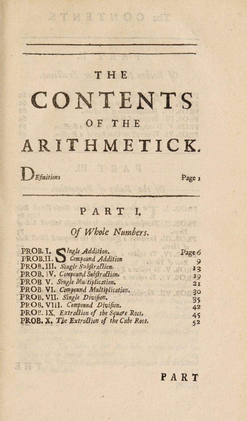 nr,— ■ - ,m ir ■ 1 ~r ' ' ' THE CONTENTS OF THE ARITHMETIC K. Dj5finitions Page i PART I, Of Whole Numbers. ■ ■ .. *• ' * •' •< , PROB. I. jingle Addition, Page 6 PROB.TI.C5 Confound Addition PROB. III. Single SubfiraBicn. PROB. IV. CoMfcund Subfiradion. PROB V. Single Multiplication• PROB VI. Cowpmnd Multiplication. PROB. VII. Single Divifiov. PR O 8, VI i I. Compound Divificn. PROB. IX. Extraction of the Square Root, PROB. X. The Extraction of the Cute Root, PART Oh fa o\ ^ o v* £v< « W M t vn