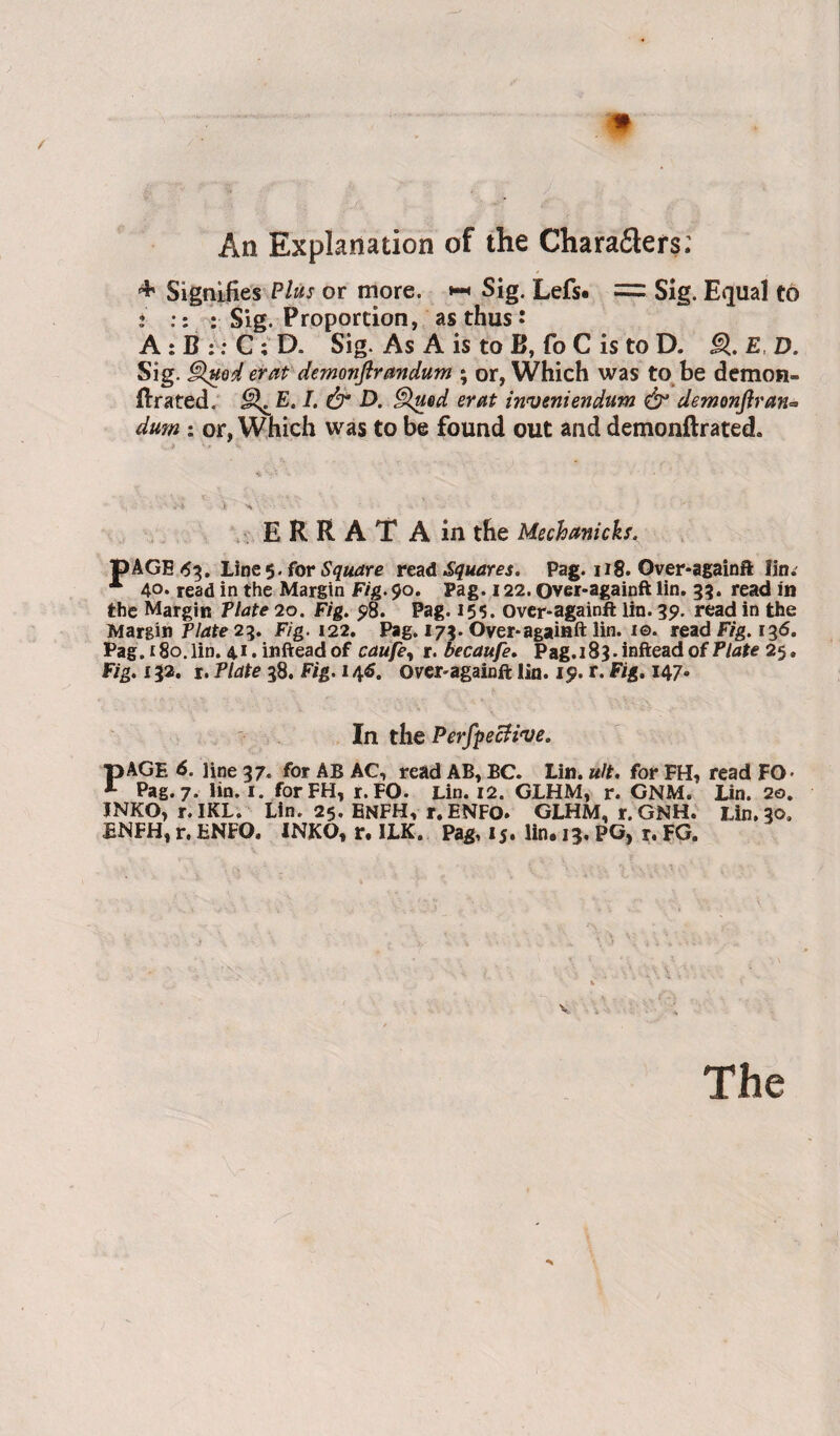 An Explanation of the Charaflers; + Signifies Plus or more. Sig. Lefs. = Sîg. Equal Co : : : r: Sig. Proportion, as thus : A : B : ; C ; D. Sig. As A is to B, fo C is to D. §1. E. D, Sig. ^od erat demonjirandum ; or, Which was to^be demon- firated. §l^E. I. Ô* E>. §lued erat inmtniendum demonfiran^» dum ; or, Which was to be found out and demonftrated. ,. E R R A T A in the Mechanicks^ PAGE <53. for Square Squares. Pag. 118. Over-againft lin*' * 40* read in the Margin Fig. 90. Pag. 122. Qver-againft lin, 33. read in the Margin Plate 20. Fig. 98. Pag. 155. Ovcr-againfl: lin. 39. read in the Margin P/rfte 23. Fig. 122, Pag. 173. Over-againft lin. i©. read F/g. 136. Pag.180.lin. 4,1. infteadof caufe^ r. becaufe. Pag.i83.infteadof 25. Fig. 132. r. Plate 38. Fig. 14^. over-againft lin. 19. r. Fig. 147. In the Perfpeclive. PAGE 6. line 37. for AB AC, read AB, BC. Liu. ult. for FH, read FO* Pag. 7. lin. I. forFH, r.FO. Lin. 12. GLHM, r. GNM. Lin. 20. INKO, r. IKL. Lin. 25. ENFH, r, ENFO» GLHM, r. GNH. Lin. 30, ENFH, r. ENFO. INKO, r. ILK. Pag, 15. lin. 13. PG, r. FG. The