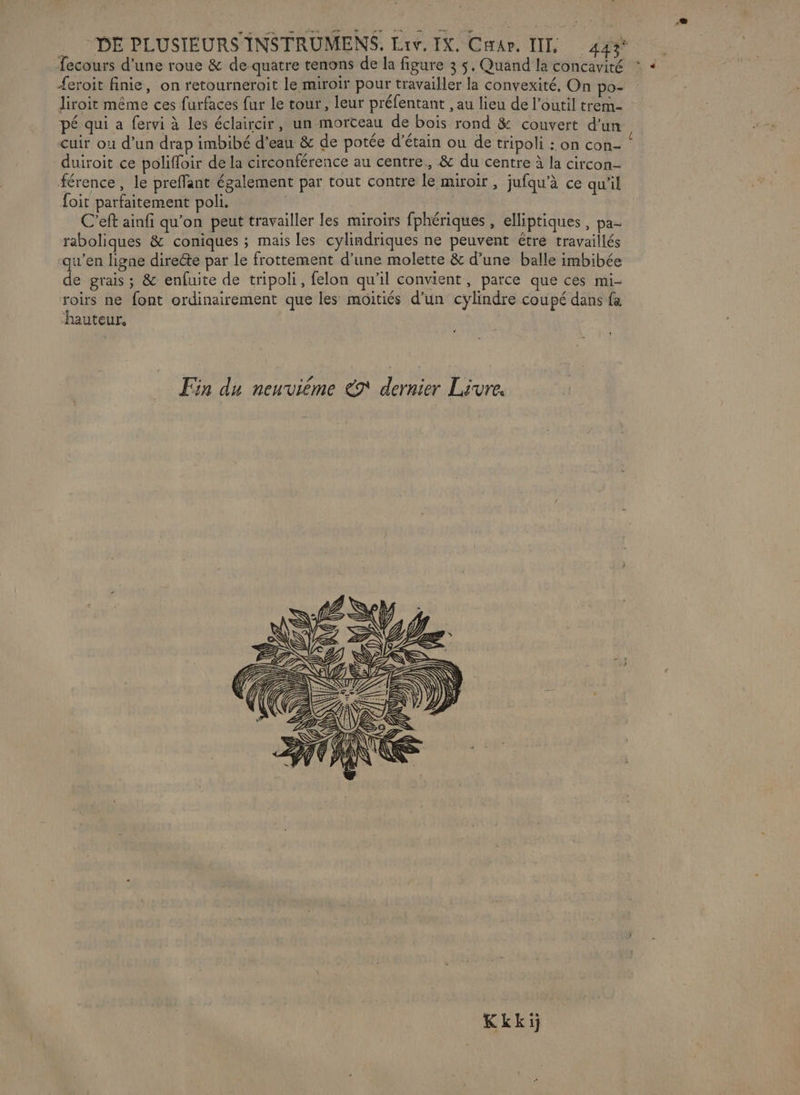{eroit finie, on retourneroit le miroir pour travailler la convexité, On po- pé qui a fervi à les éclaircir, un morteau de bois rond &amp; couvert d’un cuir ou d’un drap imbibé d’eau &amp; de potée d’étain ou de tripoli : on con- duiroit ce poliffoir de la circonférence au centre, &amp; du centre à la circon- férence, le preffant également par tout contre le miroir, jufqu’à ce qu’il foit parfaitement poli. | C’eft ainfi qu'on peut travailler les miroirs fphériques , elliptiques, pa- raboliques &amp; coniques ; mais les cylindriques ne peuvent être travaillés ‘qu’en ligne direéte par le frottement d’une molette &amp; d’une balle imbibée de grais; &amp; enfuite de tripoli, felon qu’il convient, parce que ces mi- roirs ne font ordinairement que les moitiés d’un cylindre coupé dans fa hauteur, Fin du nenviéme &amp;* dernier Livre. EN 2 KRNS SN PÈI RE Ag? 7e £ Kkkij