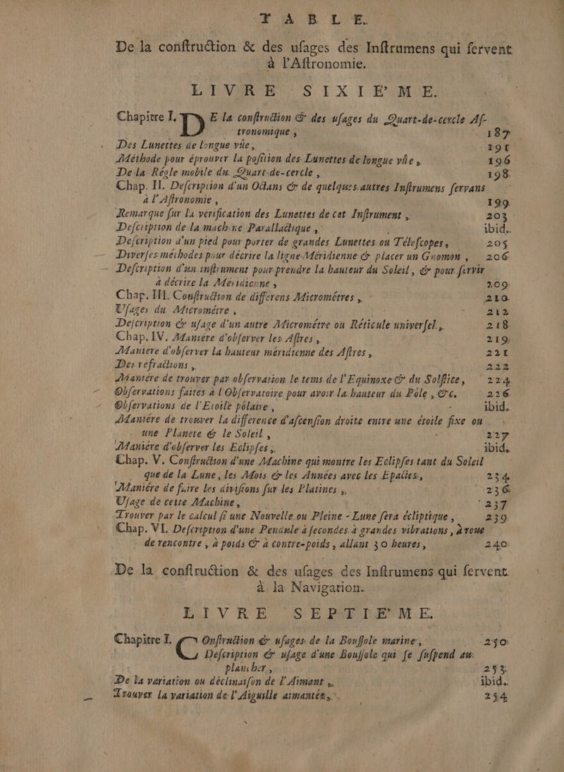 FA &amp; LT De la conftruction &amp; des ufages des Inftrumens qui fervent: à l’Aftronomie. LOUTVARME LS T X I É'AMUP: Chapitre I. D E la confiruttion &amp; des ufages du Quart-de-cercle Af- tronomique , 187 Des Lunertes de longue vie, is 19€ Méthode pour éprouver la poffiion des Lunettes de longue vñe, 196 Della Réole mobile du. Quart-de-cercle , 198 Chap. I. Defcriprion d'un Oitans € de quelquesantres Inflrumens fervans à l’Affronomie , 199. Remarque [ur la vérification des Lunettes de cet Infirument ,. 20% Defcriprion de la machine Parallachique ;: ibid. Dejcription d’un pied pour porter de orandes Lunettes on Télefcopes, 20$ Diverfes méthodes pour décrire la ligne Méridienne &amp; placer un Gnomon , 206 = Defiription d'un inflrument pour prendre La hauteur du Soleil, &amp; pour fervir a décrire la Meïridicnne , 2,09: Chap. HL Confruéon de differens Micrométres 2E0- Tfages du Micromérre , | M Dejcription &amp; ufage d'un autre Micrométre ou Réticule univerfel, 218. Chap. IV. AZamére d'obferver les Affres , 219; AMantere d'obferver La hauteur méridienne des Affres , 221 Des refrathons, 222. Âiantére de trouver par obfervation le tems de l'Equinoxe &amp; du Solflice, ‘224. Obfervations faites à l'Ob{ervatoire pour avoir la. hauteur du Pole , Ce. 226. @bfervations de l'Eroile pôlate., ibid. ÆMantére de trouver la difference d’aftenfion droite entre une étoile fixe ou une Planete &amp; le Soleil, 227 Maniére d'obferver les Eclipfes ; ibid, Chap. V. Conféruétion d'une Machine qui montre les Eclipfes tant du Soleil . quede la Lune, les Mois &amp; les Années avec les Epaües, 2: 3t4s Maniére de faire Les divifions fur les Platines , | 236 Ufage de cette Machine, ++, d'a Trouver par Le calcul fi une Nouvelle ou Pleine - Lune fera écliptique, 239 Chap. VL Defcription d'une Pendule à fecondes à grandes vibrations , à'rowe de rencontre , à poids © à contre-poids , allant 30 heures, 240 De la confiruétion &amp; des ufages des Inftrumens qui fervent ke à, la Navigation. 1e LIVRE SEPTIEME. Chapitre £ Onfhraition &amp; ufages. de La Bouflole marine’, ._ 2e : Defcription € ufage d'une Bouflole qui fe fufpend au: plan her, JUL KA De la variation ou déclinaifon de L'Aimant ibid. Trouver La variation de l' Aiguille aimantée,. 254 L