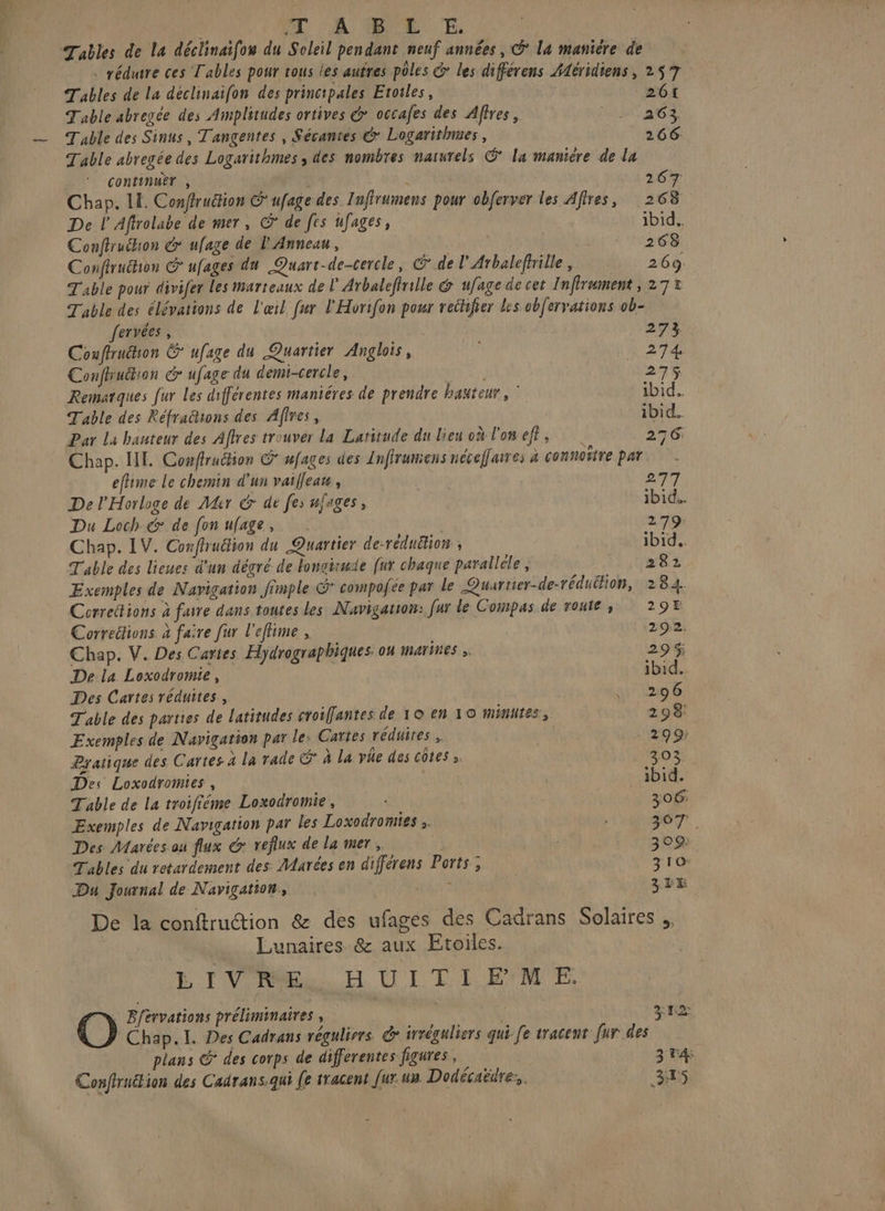\Ÿ S FE ‘À DEC E. Tables de La déclinaifow du Soleil pendant neuf années, @ la maniére de . rédutre ces Tables pour tous les autres pôles G> les différens Hléridiens, 257 Tables de la déclinaifon des principales Etoiles, + Table abregée des Amplitudes ortives &amp; occafes des Affres, 263 Table des Sinus, Tangentes , Sécantes &amp; Logaritlmes, CE; Table abregée des Logarithmes, des nombres naturels © La manicre de la continutr , 5 e 267 Chap. LE. Conffruétion &amp; ufage des Iufirumens pour obferver les Affres, 268 De l’Affrolabe de mer, © de fes ufages, ibid. Conftruthon &amp; ufage de L' Anneau, | | 268 Confiruthon C ufages du Quart-de-cercle, @ de l’Arbaleftrille , 269 Table pour divifer les marteaux de L'Arbalefirille &amp; ufage de cet Infirument , 272 Table des élévations de l'œil fur l'Hvrifon pour rectifier les obfervations ob- fervées , 273 Conftruchon &amp; ufage du Quartier Anglois, , 274. Confhuction > ufage du demi-cercle, Tes 275 Rematques fur Les différentes maniéres de prendre hateur, ibid. Table des Réfrarons des Affres, ibid. Par La hauteur des Aftres trouver La Latitude du lien où l'on ef, 276: Chap. HE. Confruétion C' ufages des Infirumens néceffarres à connostre par efime Le chemin d’un vaileaw, 277 De l'Horloge de Mir &amp; de fes ufsges, ibid. Du Loch &amp; de [on ufage, 279: Chap. IV. Conflruéion du Quartier de-réduéhion ; ibid. Table des lieues d'un dégré de longitude [ur chaque parallele , LILUReE Exemples de Navigation fimple S compofee par le Quarrier-de-réduétion, 284. Corrections à faire dans toutes les Navigation: fur le Compas de route, 29Œ Corrections à faire [ur l'eftime , 292. Chap. V. Des Cartes Hydrographiques ou marines ». 29% De la Loxodromie, ibid. Des Cartes réduites, u Vag 6 Table des parties de latitudes eroiffantes de 10 en 10 minutes, 298: Exemples de Navigation par le: Cartes réduites , | 2099: Pratique des Cartes à la rade © à La vle des cotes ». | 303. Des Loxodromies , ibid. Table de La troifiéme Loxodromie, : | 306: Exemples de Navigation par les Loxodromies ;. ST. Des Marées ou flux &amp; reflux de la mer , | , 309: Tables du retardement des Marées en différens Ports ; 310: Du Journal de Navigation, SAT 3. VE De la conftruction &amp; des ufages des Cadrans Solaires Lunaires &amp; aux Etoiles. E EL V.RME EH UE TL ErM E, Bfervations préliminaires , Û FE Chap. I. Des Cadrans régulirrs G> irréguliers qui [e tracent fur des plans &amp; des corps de differentes figures, 3 T4: Conflruéion des Cadrans:qui [e tracent [ur us Dodécaëdre.. 315