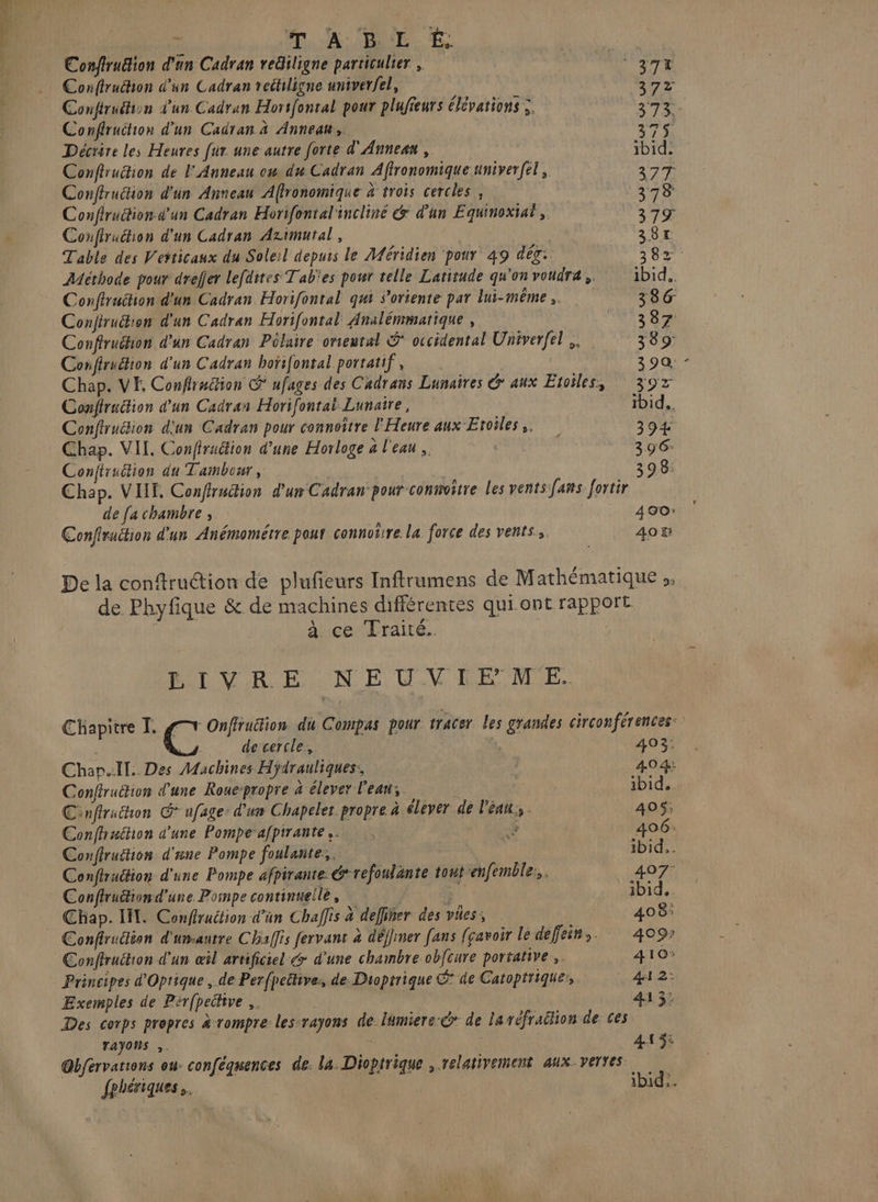 Confiruëtion d'un Cadran re&amp;iligne particulier, | °37t Confiruhion d’un Cadran rechligne univerfel, 377 Conftruéhion d'un Cadran Horsfontal pour plufieurs élévations ;. 37% Confirution d’un Cadran à Anneau, 375 Décrire les Heures fur une autre forte d'Annean, ibid. Conflrution de l'Anneau ow du Cadran Afironomique univerfel, 37T Confiruchon d'un Anneau Aftronomique a trois cercles , 373 Conftruction d'un Cadran Horifontal'incliné &amp; d’un Equinoxiat,. 379 Confiruthon d’un Cadran Azimutal, | 381 Table des Vetticaux du Soleil depuis le Aéridien ‘pour 49 dép: 382% Méthode pour dreffer lefdites Tab'es pour telle Latitude qu'on voudra. ibid. Conftruéhon d'un Cadran Horifontal qui s'oriente par lui-même ,. 386 Conjtru&amp;ion d'un Cadran Horifontal Analémmatique , NAS 82 Conffruéhon d'un Cadran Pilaire oreutal S* occidental Univerfel .. 389 Conffruétion d'un Cadran hoïifontal portatif , 390, - Chap. VE Confiruition &amp; ufages des Cadrans Lunaires G aux Etoiles, 397 Conffruëtion d'un Cadran Horifontai Lunaire, ibid, Conftrucion d'un Cadran pour connoître l'Heure aux'Etoiles,. 394 Chap. VIL Confiruétion d’une Horloge à l'eau ,. | | 396 Conftruction du Tambour, | 3 9.8: Chap. VIE. Conffruétion d'un Cadran pour conmoitre les ventsfams fortir de fa chambre ; 490: Confiraction d'un Anémométre pour connoirre la force des vents, A0 E De la conftruction de plufeurs Inftrumens de Mathématique ,, de Phyfique &amp; de machines différentes qui ont rapport à ce Traité. | PORN RON EU. REINE, Chapitre I. C Onffrudion du Compas pour tracer les grandes circonférences: de cercle, 403: Chan.Il. Des Machines Hydrauliques: | 404: Conftructun d’une Roue-propre à élever l'eaus u ibid... Cinflruthon @ ufage: d’un Chapelet propre à élever de l'eau, . 405$: Confhuthon d'une Pompe afpirante.…. + 406: Conftrustion d'une Pompe foulante,.… ibid... Conflraétion d'une Pompe afpirante * refoulänte tout enfemble:,. 407 Confiruétiond'une Poinpe continueile , | ibid. Chap. LT. Confruction d’an Chaffis à deffiñer des vhes: 408: Conffruction d'umantre Challis fervant à défliner fans fçavoir le deffein,. 409: Conffruitron d'un œil artificiel &amp; d’une chambre obfcure portative ,. 410 Principes d’Oprique , de Per(peëtive: de. Dioptrique de Catoptrique:, LL: Exemples de Pérfpeitive ,. ) 41 3: Des corps propres à rompre les:rayons de lumiere-d de iaréfraition de ces rayons ,. 41 $i Obférvarions ou: conféquences de. la. Dioptrique , relativement aux. verres fphériques.. ibid...