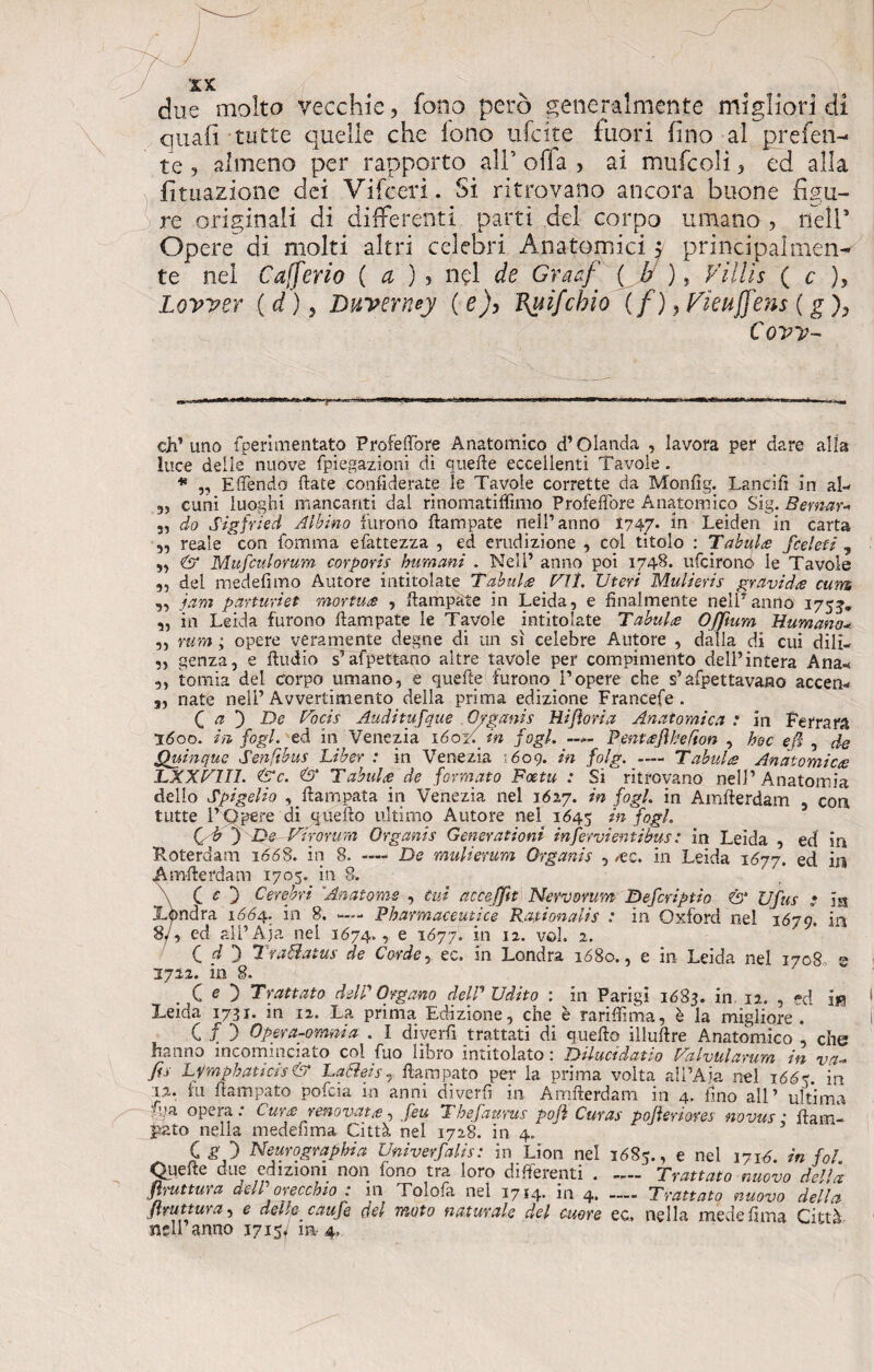 due molto vecchie, fono però generalmente migliori di quali tutte quelle che iono ufdte fuori fino al preferì- te , almeno per rapporto all’ ofla , ai mufcoli, ed alla Umazione dei Vifceri. Si ritrovano ancora buone figu¬ re originali di differenti partì del corpo umano , nell5 Opere di molti altri celebri Anatomici $ principalmen¬ te nel Cafferio ( a ) , nel de Graaf ( ti ), Villis ( c ), Lovver ( d), Duverney ( e), 1{uifcbio (/) , Vkuffens ( g ), Covi?- ch’uno fperlmentato Profeffòre Anatomico d’Olanda , lavora per dare alia luce delle nuove fpiegazioni di quelle eccellenti Tavole. * ,, E (Tendo (late confiderate le Tavole corrette da Monfig. Lancili in al- 3, cuni luoghi mancanti dal rinomatiffimo Profeffore Anatomico Sig. Bemar- 3, do Sigfried Albino furono flampate nell1 anno I747. in Leiden in carta „ reale con fomma efattezza , ed erudizione , col titolo : Tabula fcelefi , ,3 & Mufculorum corporis humani . Nell’ anno poi 1748. ufcirono- le Tavole 3, del medefimo Autore intitolate Tabula Vii. Uteri Mulieris gravida cum ,, jant parturiet mortua , flampate in Leida, e finalmente nell7anno 175J* * „ in Leida furono flampate le Tavole intitolate Tabula Offìum Humana- 3, rum ; opere veramente degne di un sì celebre Autore , dalla di cui dili- 3, genza, e ftudio s’afpettino altre tavole per compimento dell’intera Ana- ,, tonda dei corpo umano, e quelle furono Popere che s’affettavano accen- 3, nate nell’Avvertimento della prima edizione Francefe . C a D De Uocis Auditufque Organis Hi fiori a Anatomica : in Ferrara 1600. in fogl. ed in Venezia 16oV. in fogl. -- Pentajìbefìon , hoc efl , de Quinque Senftbus Liber : in Venezia 609. in folg.Tabula Anatomica LXXfalL (Ac. & Tabula de formato Foctu : Si ritrovano nell’Anatomia dello Spigelio fiammata in Venezia nel 1627. in fogl. in Amflerdam , con tutte l’Opere di quello ultimo Autore nel 1645 in fogl. Qh ) Ds Virorim Organis Generationi in fervientibus : in Leida , ed in Roterdam 166%. in 8. — Ds mulierum Organis , ac. in Leida 1677. ed in Amflerdam 1705. in 8. CO Ccrebri ’Anatema- , cui accefftt Nervorum Defcriptio & Ufus ; ia Londra 1664.. in 8. —— Pbarmaceutice Rafionalis : in Oxford nel 1679. in 8/3 ed all’Aja nel 1674., e 1677. in 12. voi. 2. CO Trahiatus de Corde y ec. in Londra 1680., e in Leida nel 1708, 2 1722. in 8. .CO Trattato del? Organo dell'Udito : in Parigi 1683. in 12. , *d in Leida 1731. in 12. La prima Edizione, che è rariffima, è la migliore. CO Opera-omnia . I diverfi trattati di quello illuflre Anatomico che hanno incominciato col Tuo libro intitolato : Dilucidano Lalvularum in va- fìs Lymphaticis& Latteisflampato per la prima volta all’Aja nel 166%. in 12. fu flampato pofeia in anni diverfi in Amflerdam in 4, fino all’ ultima opera: Cura renovat a, feu Tbefaurus pojì Curas pojieriores novus : flam¬ pato nella medefima Città nel 1728. in 4. C g 3 Neurograpbia Univerfalis: in Lion nel 1685., e nel 1716. in fol Quelle due edizioni non fono tra loro differenti. Trattato nuovo della bruttura dell orecchio : in Tolofa nel 1714. in 4.Trattato nuovo della {trattura, e delle, caufe elei moto naturale del cuore ec, nella medefima Città nell anno 1715/ m 4.