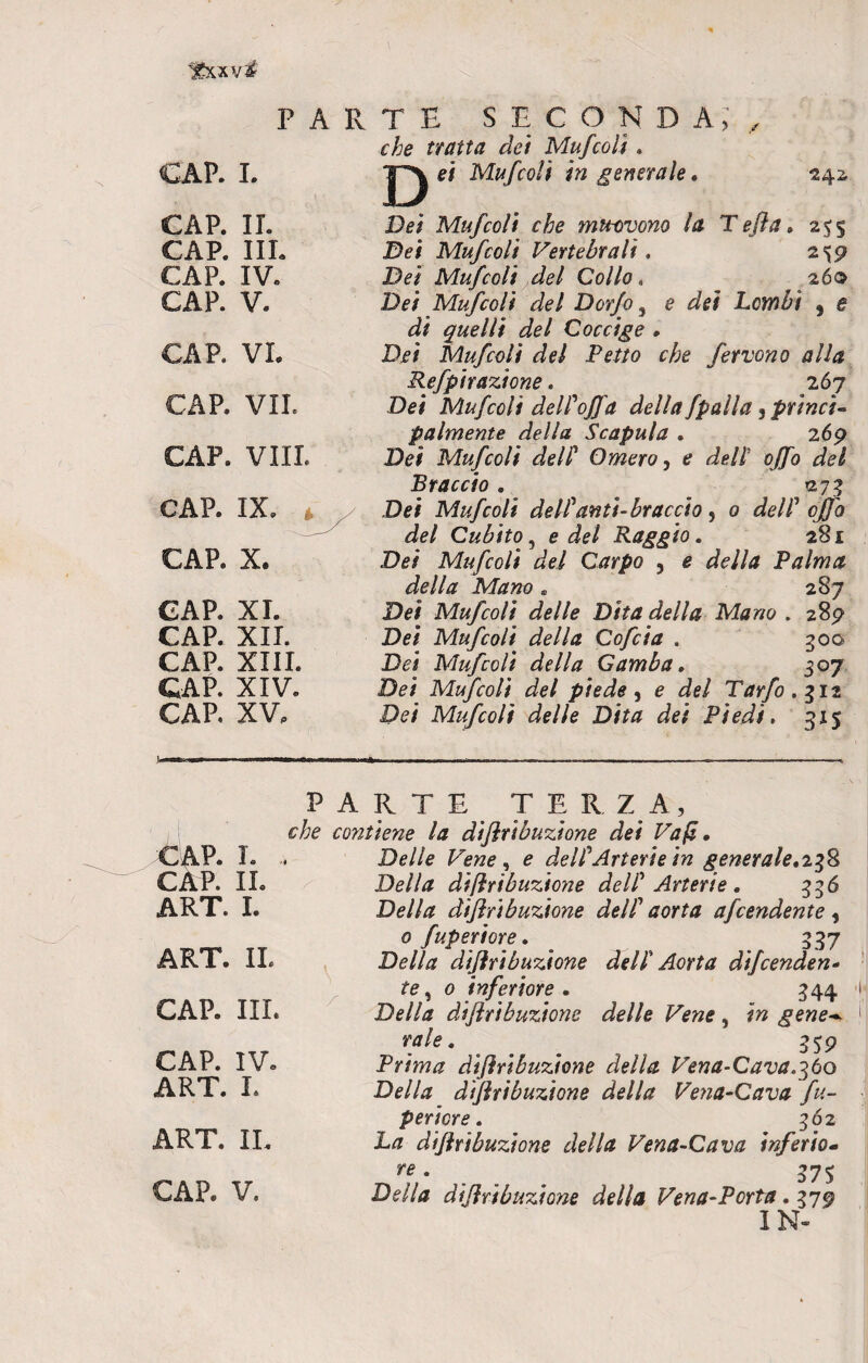 ?\XVi CAP. I. PARTE SECONDA; che tratta dei Mufcolì . D et Mufcolì in generale. 242, CAP. IL CAP. IIL CAP. IV. CAP. V. CAP. VL CAP. VII. CAP. Vili. CAP. IX. CAP. X. GAP. XI. CAP. XII. CAP. XIII. CAP. XIV. CAP. XV, Dei Mufcolì che muovono la T e fi a. 255 Dei Mufcolì Vertebrali, 259 Dei Mufcolì del Collo, 260 Dei Mufcolì del Dorfo 3 e dei Lombi 5 e di quelli del Coccige . Dei Mufcolì del Petto che fervono alla Refpirazione. 267 Dei Mufcoli delP offa della fpalla 3 princi¬ palmente della Scapula . 269 Dei Mufcolì delP Omero, e dell’ offo del Braccio. 273 Dei Mufcoli delPanti- braccio, 0 dell1 offo del Cubito, e del Raggio. 281 De/ Mufcoli del Carpo , £ della Palma della Mano s 287 De/ Mufcoli delle Dita della Mano . 289 Dei Mufcoli della Cofcia . 300 Dei Mufcoli della Gamba. 307 De/ Mufcoli del piede, e de/ Tarfo.% 12 Dei Mufcoli delle Dita dei Piedi, 315 PARTE TERZA, CAP. I. , CAP. IL ART. I. ART. IL CAP. III. CAP. IV. ART. I. ART. IL CAP. V. che contiene la diflribuzione dei Va fi. Delle Vene , e delPArterie in generale.238 Della diflribuziojie delP Arterie. 336 Della diflribuzione delP aorta afcendente, 0 fuperiore. 337 De//# diflribuzione delP Aorta difcenden- ?e, 0 inferiore . 344 Della diflribuzione delle Vene, /« gene¬ rale . 3 5p Prima diflribuzione della Vena-Cava.360 Della diflribuzione della Vena-Cava fu- perìcre. 362 Ltf diflribuzione della Vena-Cava inferio- re. 375 De//*j diflribuzione della Vena-Porta. 379 IN»