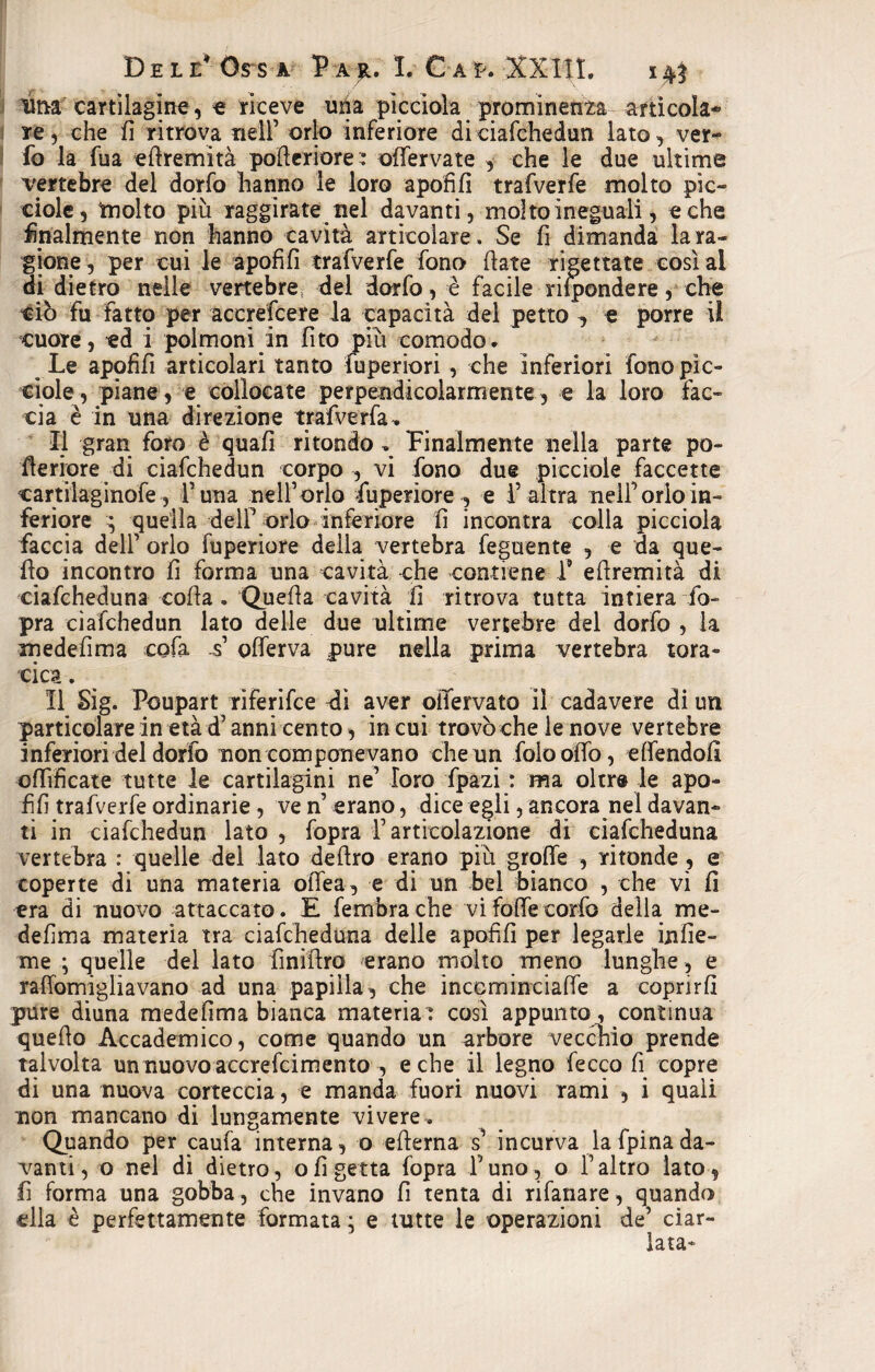 lina cartilagine, e riceve una picciola prominenza articola¬ re , che fi ritrova nell’ orlo inferiore di ciafchedun lato, ver- fo la fua ellremità polleriorei offervate , che le due ultime vertebre del dorfo hanno le loro apofifì trafverfe molto pie- ciole, molto più raggirate nel davanti, molto ineguali, e che Analmente non hanno cavità articolare. Se fi dimanda la ra¬ gione, per cui le apofifì trafverfe fono fiate rigettate così al di dietro nelle vertebre del dorfo, è facile rispondere, che Ciò fu fatto per accrefcere la capacità del petto ^ e porre il cuore, ed i polmoni in fito più comodo. Le apofifì articolari tanto fuperiori , che inferiori fono pic- ciole, piane, e collocate perpendicolarmente, e la loro fac¬ cia è in una direzione trafverfa. Il gran foro è quafi ri tondo, Finalmente nella parte po- Heriore di ciafchedun corpo , vi fono due picciole faccette cartilaginofe, funa nell’orlo fuperiore^ e l’ altra nell1 orlo in¬ feriore ; quella deir orlo inferiore fi incontra colla picciola faccia dell’ orlo fuperiore della vertebra feguente , e da que¬ llo incontro fi forma una cavità -che contiene l9 ellremità di ciafcheduna colla . Quella cavità li ritrova tutta intiera fo- pra ciafchedun lato delle due ultime vertebre del dorfo , la medefima cofa s’ offerva pure nella prima vertebra tora¬ cica . Il Sig. Poupart riferifee dì aver oiTervato il cadavere di un particolare in età d’anni cento, in cui trovò che le nove vertebre inferiori del dorfo non componevano che un folooffo, effendofl offificate tutte le cartilagini ne’ loro fpazi : ma oltre le apo¬ lli trafverfe ordinarie , ve n’ erano, dice egli, ancora nel davan¬ ti in ciafchedun lato , fopra l’articolazione di ciafcheduna vertebra : quelle del lato deliro erano più grolle , ritonde , e coperte di una materia offea, e di un bel bianco , che vi fi era di nuovo attaccato. E fembrache vifolfecorfo della me- defìma materia tra ciafcheduna delle apofifì per legarle infie- me ; quelle del lato finiftro erano molto meno lunghe , e raflomigliavano ad una papilla, che inccminciaffe a coprirli pure diuna medefima bianca material così appunto, continua quello Accademico, come quando un arbore vecchio prende talvolta un nuovo accrefcimento , e che il legno fecco fi copre di una nuova corteccia, e manda fuori nuovi rami , i quali non mancano di lungamente vivere . Quando per caufa interna, o ellerna s’ incurva lafpinada¬ manti, o nel di dietro, o fi getta fopra Funo, o l’altro lato, fi forma una gobba , che invano fi tenta di rifanare, quando ella è perfettamente formata ; e tutte le operazioni de’ ciar¬ lata-