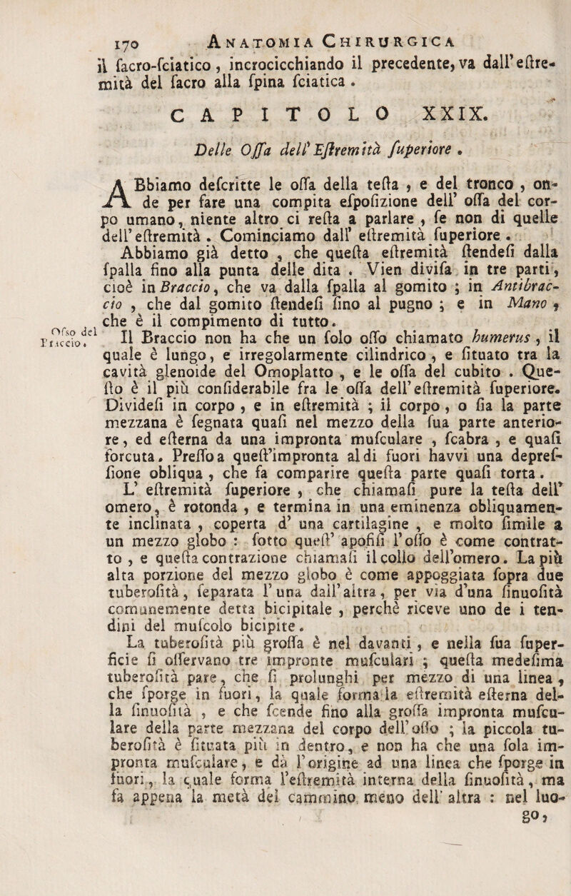 orso a luccio « 170 Anatomia Chiru rgiga il facro-fciatico, incrocicchiando il precedente, va dall’e£tre- mità del facro alla fpina fciatica . CAPITOLO XXIX. Delle Offa del? Eftrem ita fuperiore . ABbiamo defcrìtte le offa della teda , e del tronco , on¬ de per fare una compita efpofizione dell’ olla del cor¬ po umano, niente altro ci retta a parlare , fe non di quelle dell’ettremità . Cominciamo dall* ettremità fuperiore . Abbiamo già detto , che quella ettremità ftendefi dalla {palla fino alla punta delle dita . Vien divifa in tre parti, cioè in Braccio, che va dalla (palla al gomito ; in Antibrac¬ cio , che dal gomito ftendefi fino al pugno ; e in Mano , , che è il compimento di tutto. 1 II Braccio non ha che un Colo otto chiamato humerus , il quale è lungo, e irregolarmente cilindrico, e fituato tra la cavità glenoide del Omopiatto , e le offa del cubito . Que¬ llo è il più confìderabile fra le offa deir ettremità fuperiore. Dividefi in corpo , e in ettremità ; il corpo, o fia la parte mezzana è legnata quali nel mezzo della Tua parte anterio¬ re, ed efterna da una impronta mufculare , fcabra , e quafl forcuta. Pretto a queft’impronta aldi fuori havvi una depref- fione obliqua , che fa comparire quella parte quali torta. L’ ettremità fuperiore , che chiamali pure la tetta dell’ omero, è rotonda , e termina in una eminenza obliquamen¬ te inclinata , coperta d’ una cartilagine , e molto fumile a un mezzo globo : fono quell’ apofifi i’olfo è come contrat¬ to , e quetta contrazione chiamali il colio dell’omero. La più alta porzione del mezzo globo è come appoggiata fopra due tuberofità, feparata l’una dall’altra, per via d'una finuolità comunemente detta bicipitale , perchè riceve uno de i ten¬ dini del mulcGÌG bicipite. La tuberolìtà più grotta è nel davanti, e nella fua fu per¬ fide fi ottervano tre impronte mufculari ; quetta medefima tuberolìtà pare, che fi prolunghi per mezzo di una linea, che fporge in fuori, la quale forma la ettremità efterna del¬ la finuofuà , e che fcende fino alla graffa impronta mufcu¬ lare della parte mezzana del corpo dell’olio ; la piccola tu- herofità è funata più in dentro, e non ha che una fola im¬ pronta mufculare, e dà F origine ad una linea che (porge in fuori, la c.uale forma i’eftremità interna della finuofità, ma fa appena la metà del cammino, meno dell’ altra : nel luo- ; ' ‘ .*  / : :