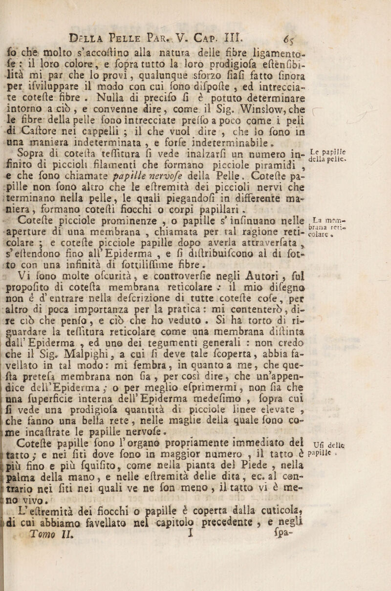 fo che molto s’accodino alla natura delie fibre iigamento- fe : il loro colore , e fopratutto la loro prodigiofa edènObi- lità mi par che io provi, qualunque sforzo fiafì fatto finora per ifviiuppare il modo con cui_ fono difpofie , ed intreccia¬ te cotede fibre . Nulla di precifo fi è potuto determinare intorno a ciò , e convenne dire, come il Sig. Winsiow,che le fibre* della pelle fono intrecciate prelfo a poco come i peli di Cadore nei cappelli ; ii che vuoi dire , che lo fono in una maniera indeterminata, e forfè indeterminabile « Sopra di coteda tedìtura fi vede inalzarfi un numero in- f nnito di piccioli niamenti che formano picciole piramidi , e che fono chìa.m2LtQ papille nervofe delia Pelle. Cotede pa¬ pille non fono altro che le edremità dei piccioli nervi che terminano nella pelle, le quali piegando/! in differente ma¬ niera , formano cotedi fiocchi o corpi papillari » Cotede pìcciole prominenze , o papille s’infinuano nelle - aperture di una membrana , chiamata per tal ragione reti-colare colare ; e cotede plccioIe papille dopo averla attraverfata 3, s’edendono fino all’Epiderma , e fi didribuifcono al di fiot¬ to con una infinità di fiottiliffime fibre. Vi fono molte ofcurità, e coatroverfie negli Autori, fui propofito di coteda membrana reticolare .* il mio difiegno non é d’entrare nella deficrizione dì tutte cotede cofe, per altro di poca importanza per la pratica: mi contenterò, di¬ re CIÒ che penfo, e ciò che ho veduto . Si ha torto di ri- ^ guardare la teffitura reticolare come una membrana didinta ! dall’Epiderma , ed uno dei tegumenti generali : non credo che il Sig. Malpighi^ a cui fi deve tale ficoperta, abbia fa¬ vellato in tal modo: mi fiembra, in quanto a me, che que- i da pretefia membrana non fia , per così dire, che un’appen- i dice deU’Epiderma y o per meglio efprimermi, non fia che 3 una fiuperficie interna dell’Epiderma raedefimo , fiopra cui 3 fi vede una prodigiofa quantità dì picciole linee elevate , [ che fanno una beila rete, nelle maglie delia quale fono co- vme incadrate le papille nervofie. Cotede papille fono l’organo propriamente immediato dei ufi deik ttatto; e nei fitì dove fono in maggior numero , il tatto è pepine » i, più fino e più fquifito, come nella pianta del Piede , nella j:palma della mano, e nelle edremità delie dita, ec. al con- r trario nei fiti nei quali ve ne fon meno, il tatto vi è me- c no vivo. L’edremità dei fiocchi o papille è coperta dalla cuticola, È; di cui abbiamo favellato nel capitolo precedente , e negli