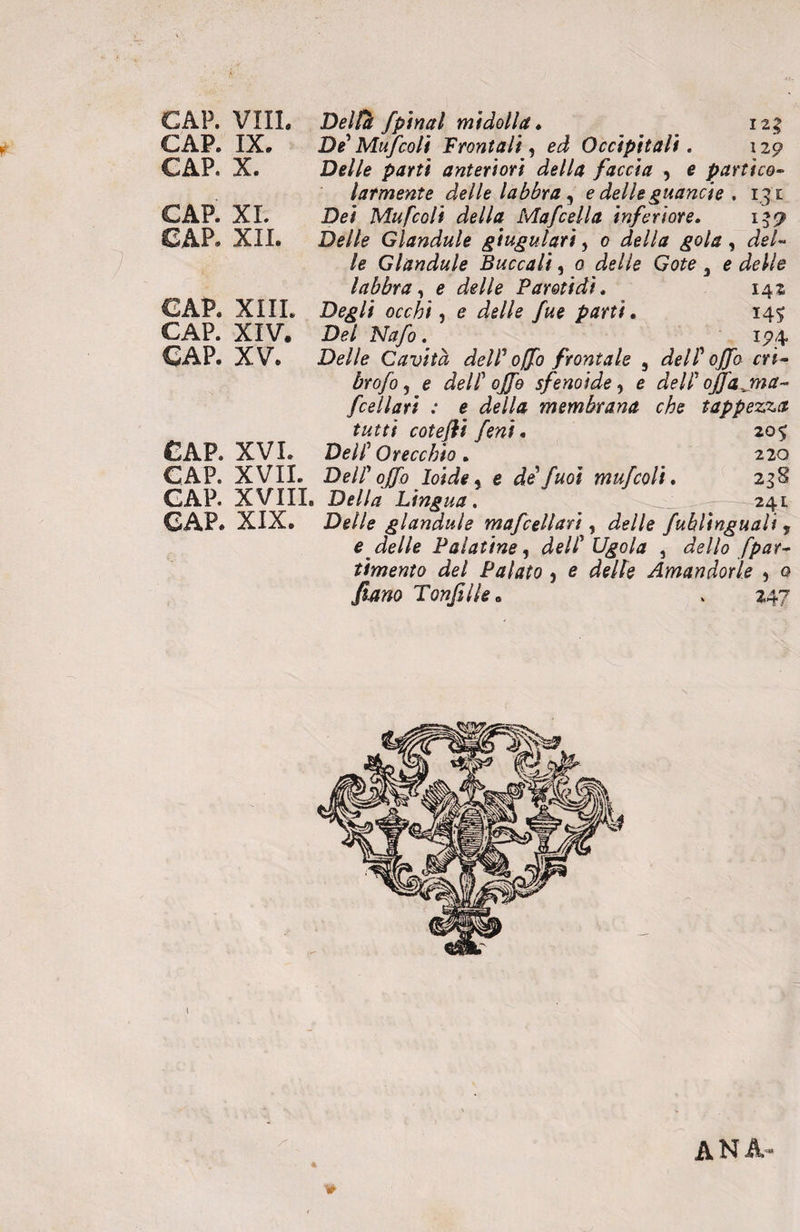 CAP. CAP. CAP. CAP. CAP. CAP. CAP. CAP. Vili. IX. X. XI. XII. XIII. XIV. XV. CAP. CAP. GAP. CAP. XVI. XVII. XVIII. XIX. Deità fpinal midolla • 12 j De Mufcolt Frontali^ ed Occipitali. 129 Delle parti anteriori della faccia , e partico¬ larmente delle labbra, e delleguancie . 131 Dei Mufcolt della Mafcella inferiore. 139 Delle Glandule giugulari, 0 della gola, del¬ le Glandule Buccali, 0 delle Gote 3 e delle labbra, e delle Parotidi. 142 Degli occhi, e delle fue parti. 145; Del Nafo. ip.4 Delle Cavità delP offo frontale , delP offo cri- brofo, e ófe//’ sfenoide, e ojfa^ma- fcellati : e della membrana che tappezza tutti cotefli feni. 20$ DelP Orecchio. 220 DelP offo Ioide y e de fuchi mufcolt. 23S Della Lingua. _ 241 Delle glandule mafcellari, fublinguali , e delle Palatine, delP Ugola , dello fpar- ftmento del Palato } e de//e Amandorle , a jfeo Tonfile 247 4 A N A *