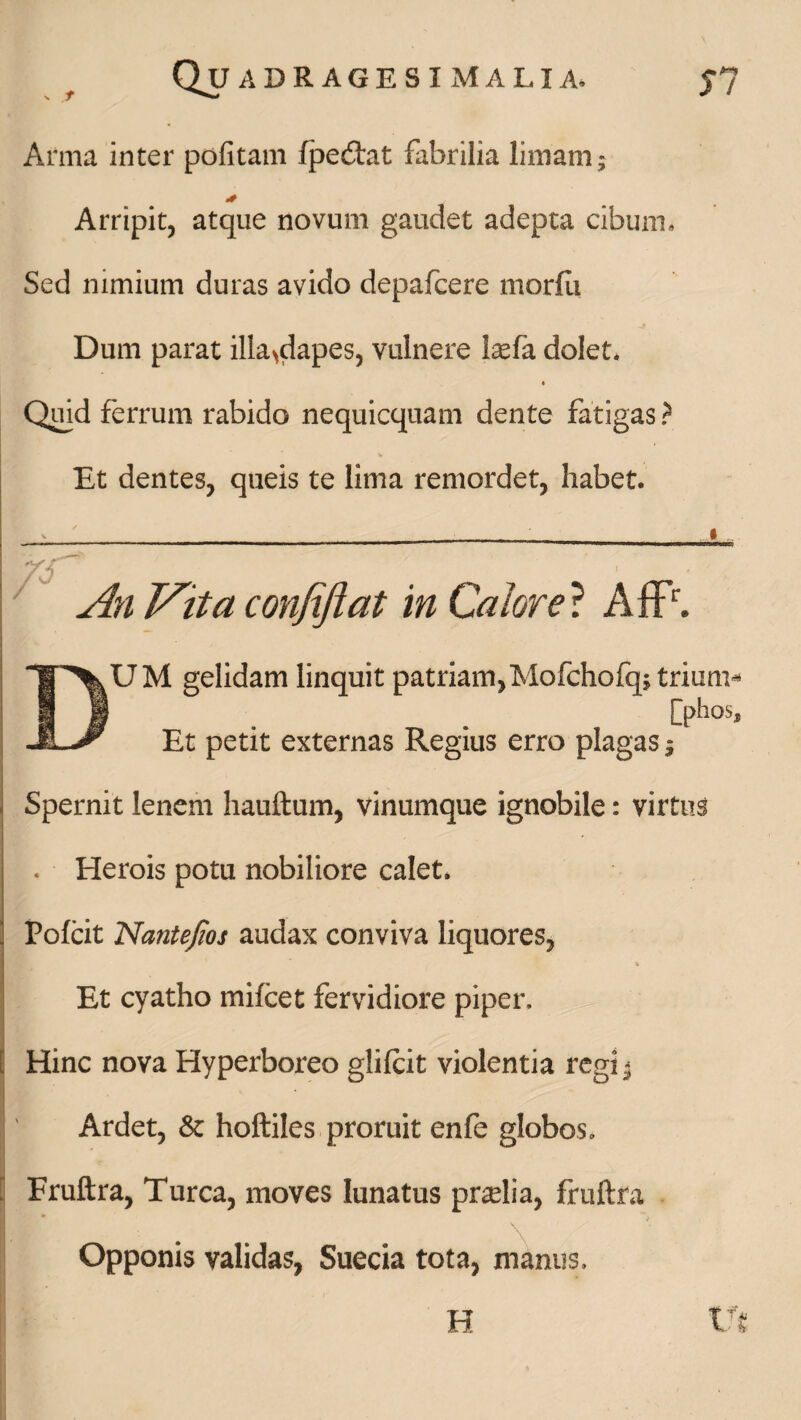 Arma inter pofitam fpedbat fabrilia limam; Arripit, atque novum gaudet adepta cibum* Sed nimium duras avido depafcere morfli Dum parat illa>dapes, vulnere hefa dolet. Quid ferrum rabido nequicquam dente fatigas ? Et dentes, queis te lima remordet, habet. « An JAita confiflat in Calore ? Affr. UM gelidam linquit patriam,Mofchofq; trium* [phos. Et petit externas Regius erro plagas $ Spernit lenem hauftum, vinumque ignobile: virtus . Herois potu nobiliore calet. Pofcit Nantejios audax conviva liquores, % Et cyatho mifcet fervidiore piper. [ Hinc nova Hyperboreo glifcit violentia regi j Ardet, & hoftiles proruit enfe globos, Fruftra, Turea, moves lunatus praelia, fruftra Opponis validas, Suecia tota, manus.