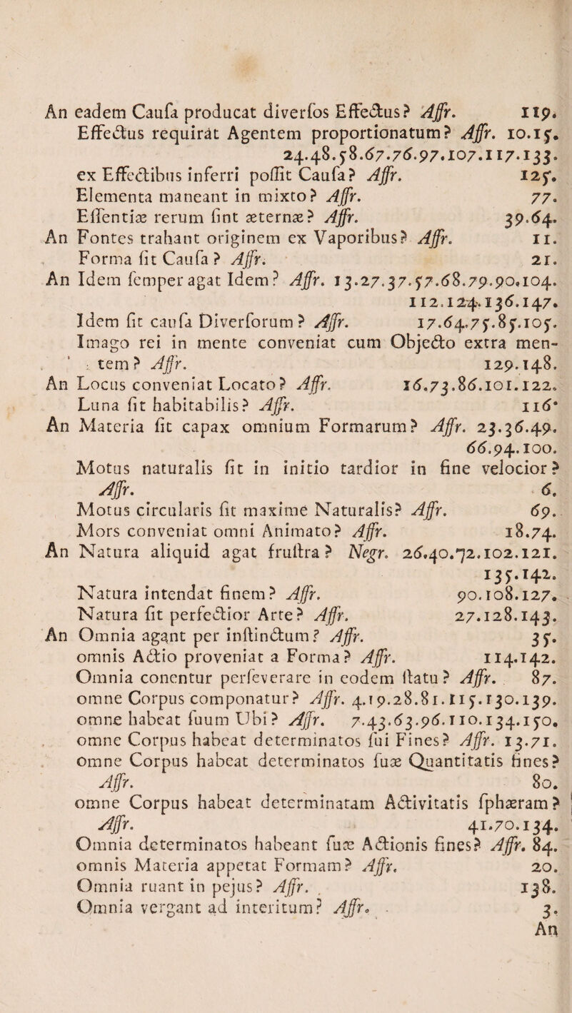 An eadem Caufa producat diverfos Effe&us? Affr. ilp. Effectus requirat Agentem proportionatum? Affr. io.ij. 24.48.5:8.67.76.97.107.117.133. ex Effectibus inferri poflit Caufa? Affr. I2f* Elementa maneant in mixto? Affr. 77. Effentite rerum fint aeternae? Affr. 39.64. An Fontes trahant originem ex Vaporibus? 11. Forma fit Caufa ? Affr. 21. An Idem femperagat Idem? 13*27.37*S'7*68.79*90*104. 112.124.136.147* Idem fit caufa Diverforum ? ^fr. 17.64,75'.Sf.io}'. Imago rei in mente conveniat cum Objedto extra men¬ tem? Affr. 129.148. An Locus conveniat Locato? Affr. 16.73.86.101.122. Luna fit habitabilis? Affr. 116* An Materia fit capax omnium Formarum? Affr. 23.36.49. 66.9 4.100. Motus naturalis fit in initio tardior in fine velocior? Affr. 6. Motus circularis fit maxime Naturalis? Affr. 69. Mors conveniat omni Animato? Affr. 18.74. An Natura aliquid agat frultra ? Negr. 26.40.72.102.121. 13^.142. Natura intendat finem ? Affr. 90.108.127. Natura fit perferior Arte? Affr. 27.128.143. An Omnia agant per inftin&um? Affr. 3f. omnis A£tio proveniat a Forma? Affr. 114.142. Omnia conentur perfeverare in eodem flatu? Affr. 87. omne Corpus componatur? Affr. 4.19.28.81.115.130.139. omne habeat luum Ubi? Affr. 7.43.63.96.110.134.1 £0, omne Corpus habeat determinatos fui Fines? Affr. 13.71. omne Corpus habeat determinatos fuas Quantitatis fines? Affr. 80. omne Corpus habeat determinatam A&ivitatis fphaeram ? Affr. 41.70.134. O mnia determinatos habeant iux A&ionis fines? Affr. 84. omnis Materia appetat Formam? Affr. 20. Omnia ruant in pejus? Affr. , 138. Ornnia vergant ad interitum? Affr, 3. An