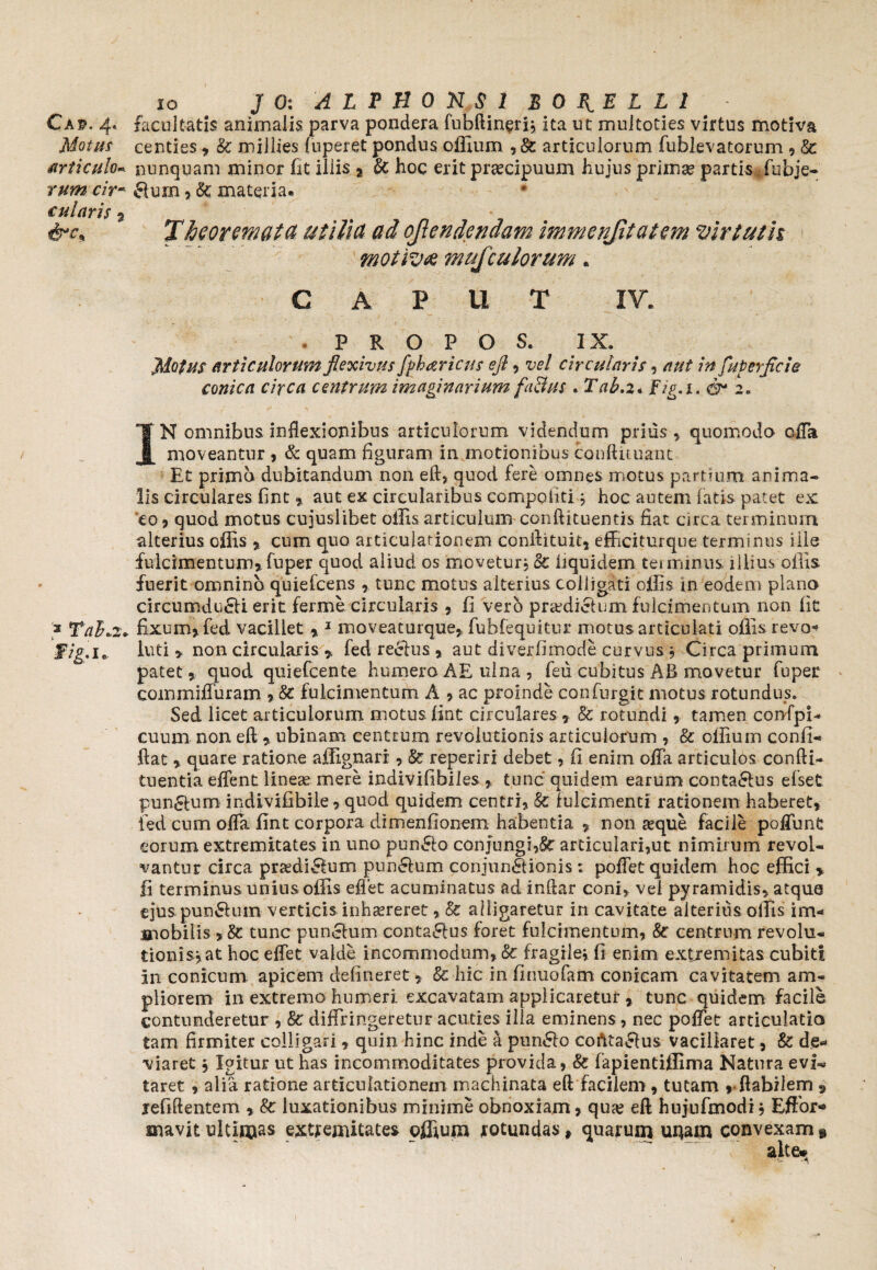 Cai?. 4« facultatis animalis parva pondera fubftineri? ita ut muitoties virtus motiva Motus centies? & millies fnperet pondus offium , Sc articulorum fublevatorum ? & articulo* nunquam minor fit iliis ? Sc hoc erit praecipuum hujus prima? partis fubje- rum cir* ctum ? & materia. cularis ? &c> Theoremata utilia ad ojlendendam immenfitatem virtutis motiva mufculorum. CAPUT IV. . P R O P O S. IX. Motus articulorum flexivus fpharicus ejl, vel circularis, aut in fuperjicie conica circa centrum imaginarium fii&us . Tab,2. jF/g.x. dr* 2. IN omnibus inflexionibus articulorum videndum prius ? quomodo offa moveantur ? & quam figuram in motionibus conftuuant Et primo dubitandum non eft, quod fere omnes motus partium anima* lis circulares fint ? aut ex circularibus compotiti j hoc autem fatis patet ex 'eo y quod motus cujuslibet offis articulum conftituentis fiat circa terminum alterius offis ? cum quo articulationem conftituit? efficiturque terminus ille fulcimentum? fuper quod aliud os movetur, & fiquidem terminus illius offis fuerit omnino quiefcens ?. tunc motus alterius colligati offis in eodem plano circumdu£U erit ferme circularis ? fi vero pra?di£tum fulcimentum non lit 3 Tab.2. fixum? fed vacillet ? 1 moveaturque? fubfequitur motus articulati offis revo- f ig,ie, luti ? non circularis ?, fed reehis ? aut diverfimode curvus ? Circa primum patet? quod quiefcente humero AE ulna , feu cubitus AB movetur fuper commiffuram ? Sc fulcimentum A ? ac proinde confurgit motus rotundus. Sed licet articulorum motus fint circulares ? 8c rotundi ? tamen confpi- cuum non eft ? ubinam centrum revolutionis articulorum , & offium confi¬ dat ? quare ratione affignari:, Sc reperiri debet, fi enirn offa articulos confli* tuentia effent linea? mere indivifibiles ? tunc quidem earum conta&us efset pun&um indivifibile ? quod quidem centri, Sc fulcimenti rationem haberet, fed cum ofla fint corpora dimenfionem habentia ? non seque facile poffunt eorum extremitates in uno pun&o conjungi,Sc articulari,ut nimirum revol¬ vantur circa prsedi£!um pun&um conjunctionis *. poffet quidem hoc effici ? fi terminus unius offis efiet acuminatus ad indar coni? vel pyramidis? atque ejuspunCtuin verticis inhaereret ? & alligaretur in cavitate alterius offis im¬ mobilis ? Sc tunc punctum contaCtus foret fulcimentum, Sc centrum revolu¬ tionis, at hoc effet valde incommodum? &: fragile? fi enim extremitas cubiti in conicum apicem delineret ? & hic in finuofam conicam cavitatem am¬ pliorem in extremo humeri excavatam applicaretur ? tunc quidem facile contunderetur , Sc diffringeretur acuties illa eminens , nec poffet articulatio tam firmiter colligari, quin hinc inde a pun£to coftta£ius vacillaret ? &: de¬ viaret 5 Igitur ut has incommoditates provida? Sc fapientiffima Natura evi^ taret ? alia ratione articulationem machinata eft facilem, tutam ? flabilem ? relidentem ? Sc luxationibus minime obnoxiam? qua? eft hujufmodi? Eftor* mavit ultimas extremitates offium rotundas, quarum uqam convexam»