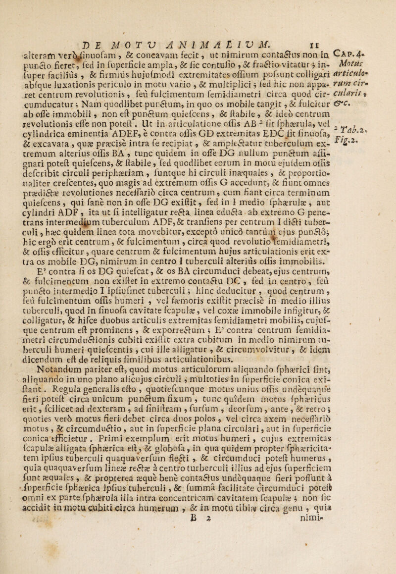 -alteram verc^finuofam , & concavam fecit, nc nimirum contaXus non in punXo fieret, feti in fuperficie ampla, Sc fic contufio , oc fraXio vitatur 3 in- fuper facilius , &; firmius hujufmodi extremitates offium pofsunt colligari abfque luxationis periculo in motu vario , Sc multiplici 3 fed hic non appa- ret centrum revolutionis, feu fulcimentum femidiametri circa quod cir¬ cumducatur 3 Nam quodlibet purXum, in quo os mobile tangit, & fulcitur ab ofle immobili, non eft punXum quiefcens , Sc (labile, Sc ideo centrum revolutionis effie non potell. Ut in articulatione olfis AB 3 iit fphierula, vel cylindrica eminentia ADEF, e contra offis GD extremitas EDC fit finuofa, Sc excavata , quce praecise intra fe recipiat, Sc amplexatur tuberculum ex-» tremum alterius offis BA , tunc quidem in offe DG nullum punXum affi- gnari poteft quiefcens, Sc ftabile, fed quodlibet eorum in motu ejuidem offis defcribit circuli perjphteriam , funtque hi circuli inaequales , Sc proportio» «aliter crefcentes, quo magis ad extremum offis G accedunt, Sc fiunt omnes prtediXa? revolutiones necellario circa centrum, cum Eant circa terminum quiefcens , qui fane non in ofTe DG exiftit, fed in I medio 'fphsrulae , auc cylindri ADF , ita ut fi intelligatur reXa, linea eduXa ab extremo G pene¬ trans intermedium tuberculum ADF,& tranfiens per centrum I diXi tuber¬ culi , hxc quidem linea tota movebitur, excepto unico tantum ejus punXoj hic ergb erit centrum , Sc fulcimentum , circa quod revolutio^emidiametri, & offi? efficitur, quare centrum Sc fulcimentum hujus articulationis erit ex¬ tra os mobile DG, nimirum in centro I tuberculi alterius offis immobilis. E’ contra fi os DG quiefcat, Sc os BA circumduci debeat,ejus centrum, Sc fulcimentum non exiftet in extremo contaXu DC , fed incentio, feii punXo intermedio 1 ipfiufmet tuberculi 3 hinc deducitur , quod centrum , feu fulcimentum offis humeri , vel famioris exiftit praecise in medio illius tuberculi, quod in finuofa cavitate fcapula?, vel coxa; immobile infigitur, Sc coliigatur, Sc hifce duobus articulis extremitas femidiametri mobilis, cujuf- que centrum eft prominens , Sc exporreXum 3 E’ contra centrum femidia¬ metri circumduXionis cubiti exiftit extra cubitum in medio nimirum tu¬ berculi humeri quiefcentis, cui ille alligatur , Sc circumvolvitur , Sc idem dicendum eft de reliquis firnilibus articulationibus. Notandum pariter eft, quod motus articulorum aliquando fpheerici fint, aliquando in uno plano alicujus circuli ,' multoties in fuperficie conica exi- flant. Regula generalis efto , quotielcunque motus unius offis undequaque fieri poteft circa unicum punXum fixum , tunc quidem motus fpha?ricus erit, fcilicet ad dexteram , ad finiftram , furfum , deorfum , ante , Sc retro 3 quoties vero motus fieri debet circa duos polos , vel circa axem neceftario motus , Sc circumduXio, aut in fuperficie plana circulari, aut in fuperficie conica efficietur . Primi exemplum erit motus humeri, cujus extremitas fcapula? alligata fphterica eft , Sc globofa, in qua quidem propter fphamicita- tem ipfius tuberculi quaquaverfum fleXi? Sc circumduci poteft humerus, quia quaquaverfum lineae reXa; a centro turberculi illius ad ejus fuperficiem funt aquales , Sc propterea reque bene contaXus undequaque fieri poffunt k fuperficie fph‘serica ipfius tuberculi, Sc fumma facilitate circumduci poteft omni ex parte fphrerula illa intra concentricam cavitatem fcapula? 3 non fic accidit in motu cubiti circa humerum , Sc in motu tibia? circa genu , quia B % w nimir Cap.4* Motus1 articulo* rum cir* cularis * 2 Takz. ■sm •