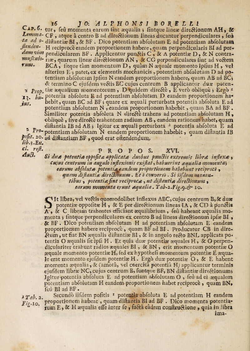 Cap+6, Lemma¬ ta ad o- Jhnden- dam vim mufcnio- rum* 15. ? Pro- 20. lib.i.Etl* cL reflm .M 16 J 0: A L f H 0 N 8 1 fi O E L L l t-ur, feu momenta earum One aequalia $ fintque lineae direBionum AH* $5 CF , atque a centro B ad di regionum lineas ducanturperpendiculares , feut diflantia? BI, & BF . Dico potentiam abfolutam E ad potentiam abfolutam H reciproce eandem proportionem habere, quam perpendicularis BI ad per-» pendieularem BF . Applicentur punBis C , & A potentia D , & N contra- na?9 quarum linea? direBionum AN , k CG perpendiculares fint ad veBem BCA, litque tam momentum D, quam N aquale momento iplius H , vel alterius E 5 patet, ex elementis mechanicis , potentiam abfolutam D ad po¬ tentiam abfolutam iplius N eandem proportionem habere, quam AB ad BCj & termino C ejufdem veBis BC cujus centrum B applicantur dua? paten¬ tia? aqualium momentorum , D quidem direBe , E vero oblique , Ergo 1 potentia abfoluta E ad potentiam abfolutam D eandem proportionem ha¬ bebit, quam BC ad BF ? quare ex a?quali perturbata potentia abfoluta E ad potentiam abfolutam N ,eandem proportionem habebit, quarn BA ad BF . Similiter potentia abfoluta N direBe trahens ad potentiam abioiutam H ^ oblique , live direBe trahentem radium AB , eandem rationem habet, quam diflantia IB ad AB , Igitur ex sequali perturbata 3 potentia abfoluta E ad potentiam abfolutam N eandem proportionem habebit, quarn diflantia IB ad diffordiam BF 9 quod erat n '1 1' “ V R G P O S. Si dua potentis oppofita applicat# duobus punBis extremis libra infletis % cujus centrum in angulo inflexionis exiflat •> habuerint aqualia momentaj ici-jcifPS'* & 9 t vr*nrrt* » jlu &> c j 1/ • o t tibus , potentia fint reciproca , ut diflantia direBionum , earum momenta erunt aqualiaTab^z.Fig.y.io. It libra, vel veBis quomodolibet inflexus ABC,cujus centrum B,& duae _ _ potentia? oppolita? H , & E per direBionum lineas IA , k CD a punBis A , & C libram trahentes efficiant a?quilibrium , feii habeant aequaiia mo¬ menta , llntque perpendiculares ex centro B ad lineas direBionum ipfa? BI 9 & BF . Dico potentiam abfolutam H ad potentiam abfolutam E eandem proportionem habere reciproce , quam BF ad BI. Producatur CB in dire- Bum, ut liat BN a?qualis diflantia? BI, k in angulo reBo BNL applicata po¬ tentia O aequalis fit i pii H . Et quia dure potentia? aquales H, & O perpen- diculariter trahunt radios aequales BI , & BN , erit momentum potentia? O aequale momento potentia? H, fed exhypothefi momentum potentiae E aequa¬ le erat momento ejufdem potentia? H . Ergo duce potentia? O, & E habent momenta aequalia , k (amota, vel coercita potentia Hj applicantur terminis ejufdem librae NC, cujus centrum B, funtque BF, BN diflantia? direBionum* Igitur potentia abfoluta E ad potentiam abfolutam O , -feu ad ei aequalem potentiam abfolutam H eandem proportionem habet reciproce , quam BN* feii BI ad BF. Secundo iifdem pofitis 1 potentia abfoluta E ad potentiam H eandem Fip*io~' pt°Fortior!elTi habeat, quam diflantia BI ad BF . Dico momenta potentia- ■*' * yum E, k H aequalia effe inter fe t faBa eadem cojuftruBLone * quia in libra ima-